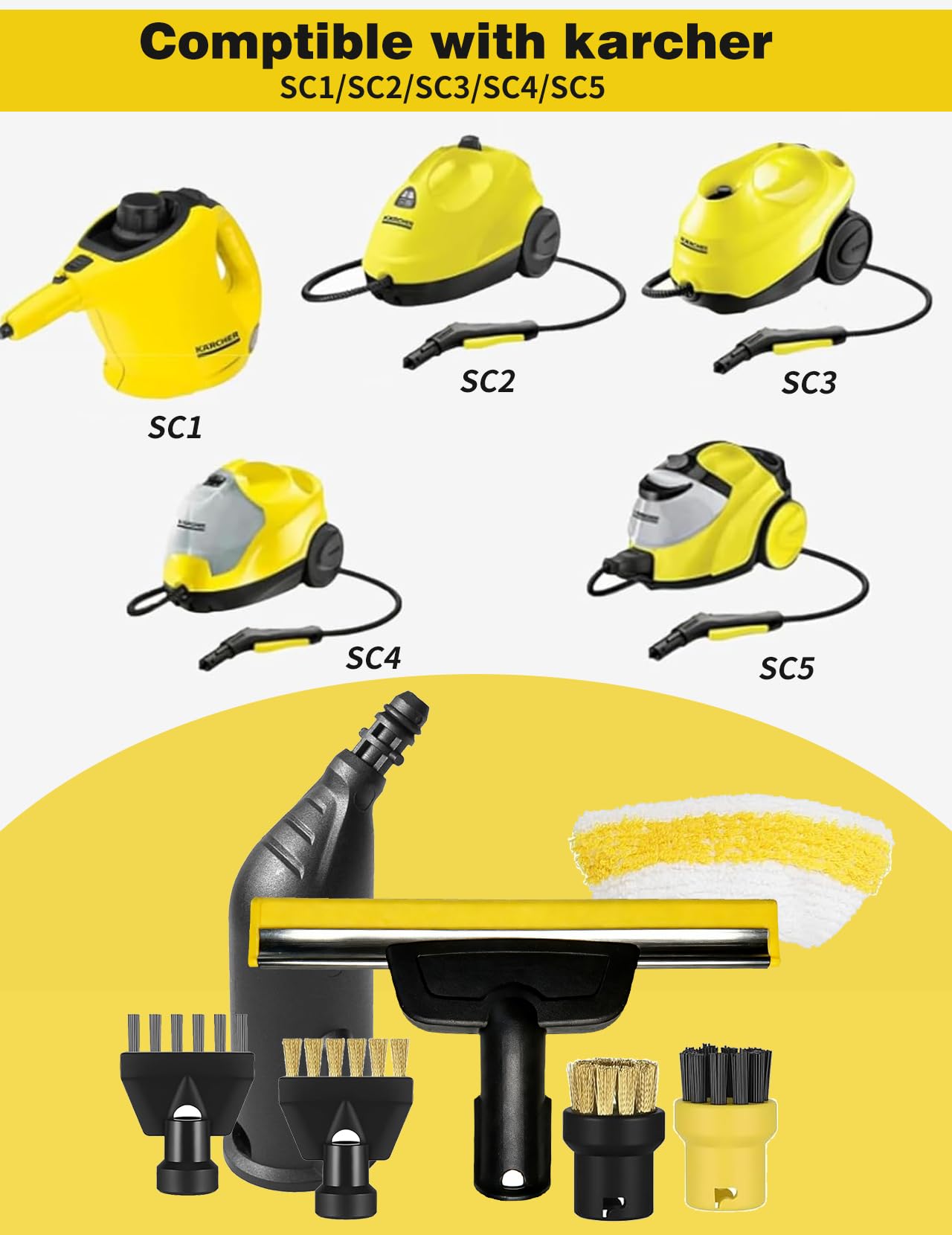 Kit de 9 piezas accesorios compatibles con limpiador de vapor Kärcher SC1 SC2 SC3 SC4 SC5, cepillo redondo, cepillo plano, boquilla curvada, cepillo de vapor manual, funda de paño de limpieza