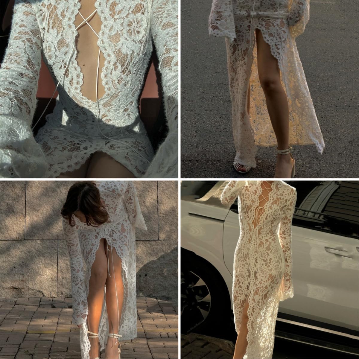 AIBEARTY Women's Sexy Mesh Sheer Floral Lace Maxi Dress Lace Up Front Long Sleeve High Slit Bodycon for Party Cocktail - Image 6