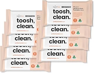 CleanLIFE Flushable Wipes – Toosh, Clean for Sensitive Skin Extra Soft, Aloe Vera & Vitamin E, Hypoallergenic, Dermatologically Tested, 80 Wipes, 8-Pack