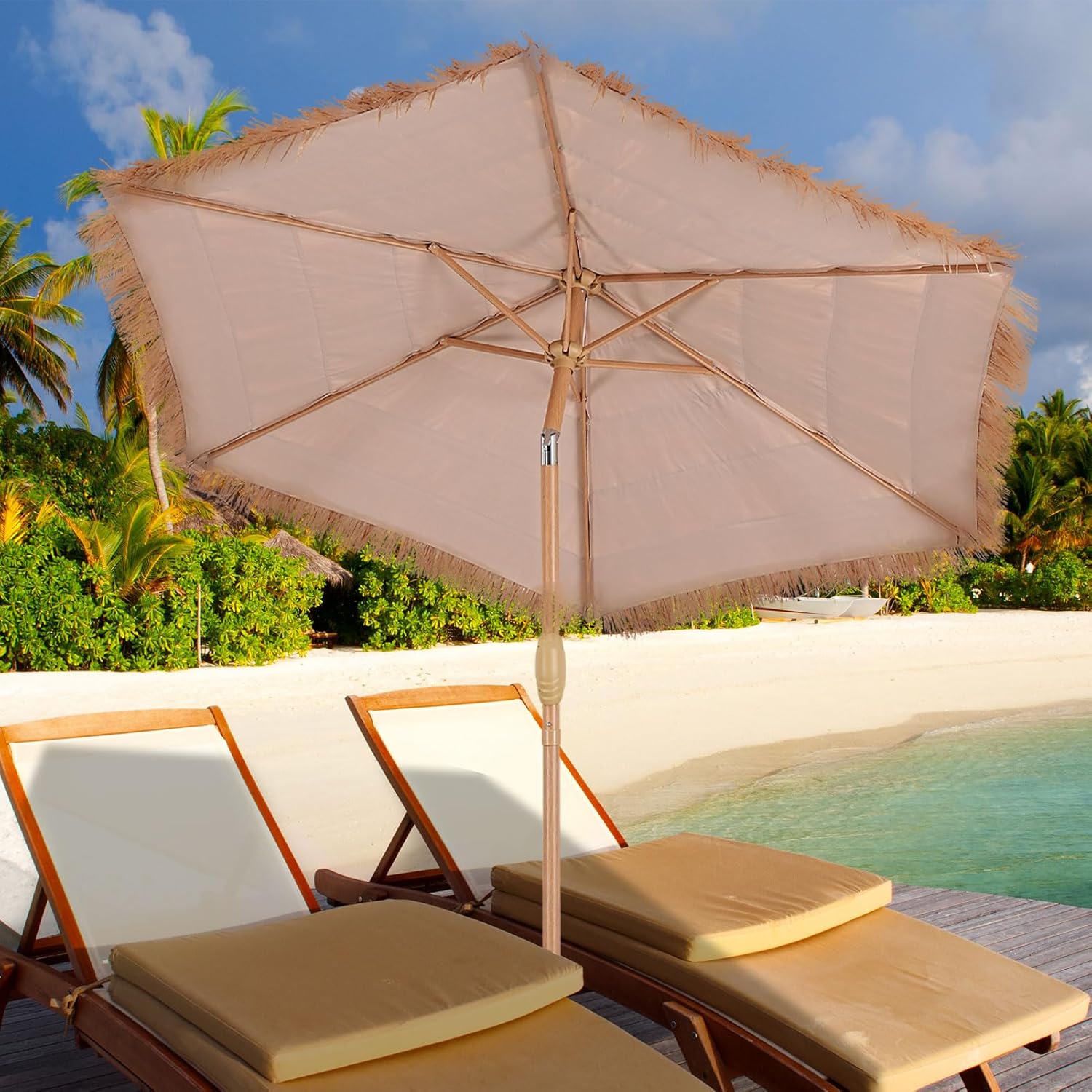 GDY 7.5FT Tiki Patio Umbrella Outdoor Table Umbrella,Market Umbrella with 6 Sturdy Ribs, with Push Button Tilt and Crank for Garden, Lawn, Deck, Backyard & Pool (Straw Yellow)