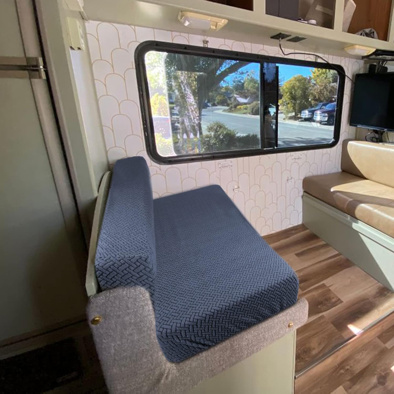 WEIGUZC RV Dinette Cushion Covers, Stretch Printed Couch Covers with Jacquard Fabric - RV Camper Car Bench Includes 1 Sofa Seat Cushion Cover ＆ 1 Cushion Cover, Washable ＆ Easy Fitted (Dark Blue)