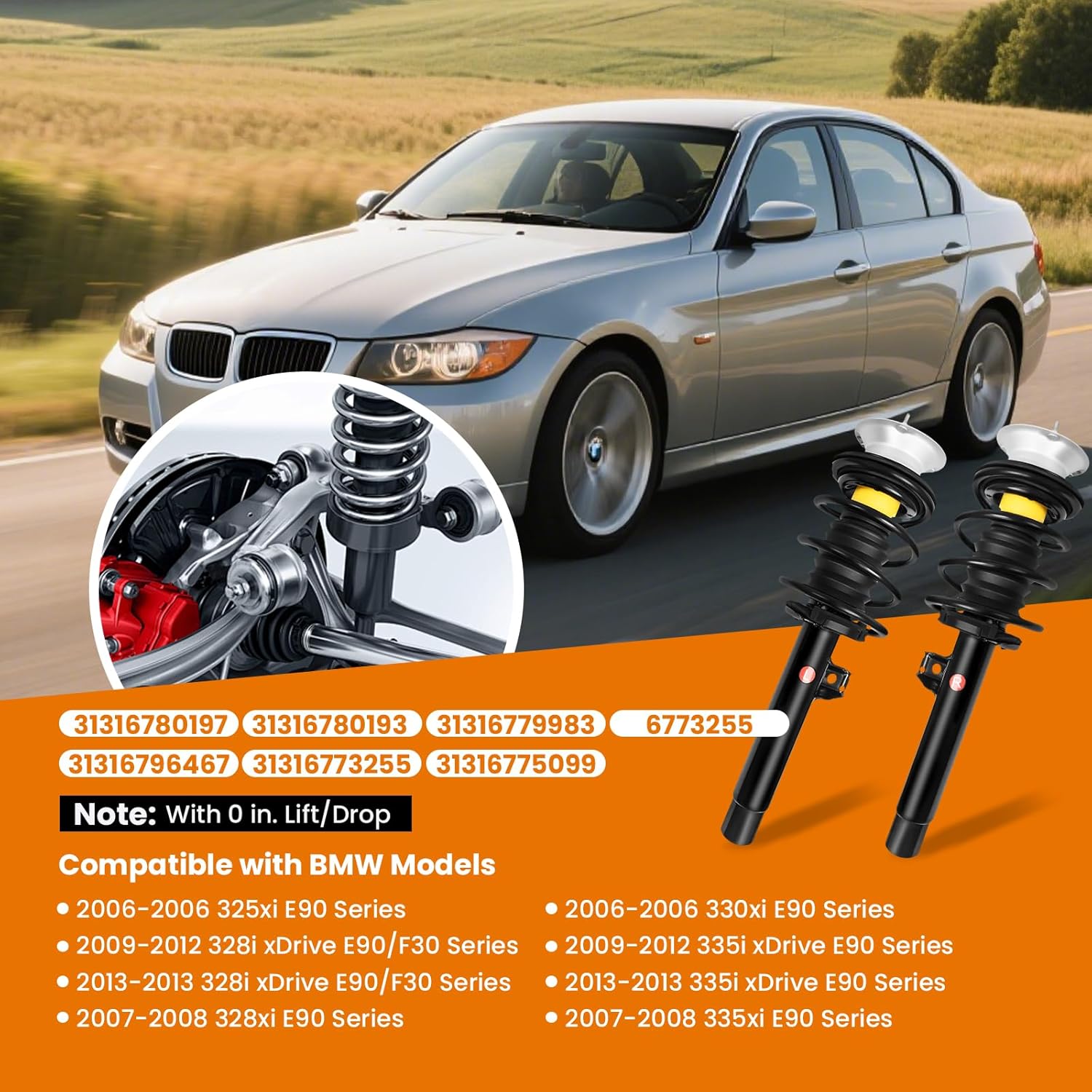 Pair Front Strut Assembly w/Coil Spring Fit for 2006-2013 BMW 325xi 328i xDrive 328xi 330xi 335i 335i xDrive 335i xDrive (E90 Series) Replaces 31316780197, 31316780193