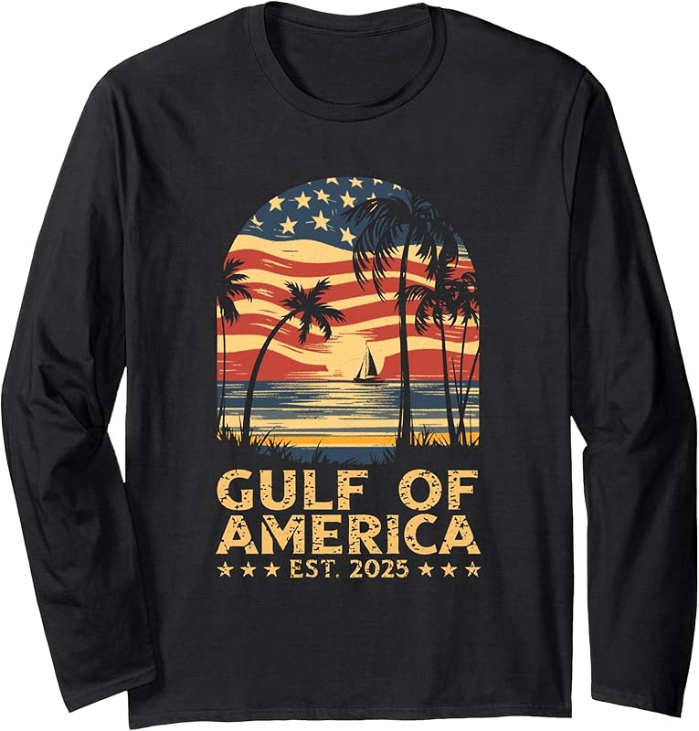 Retro Gulf Of Usa America Est 2025 American Flag Gulf Mexico Long Sleeve T-Shirt