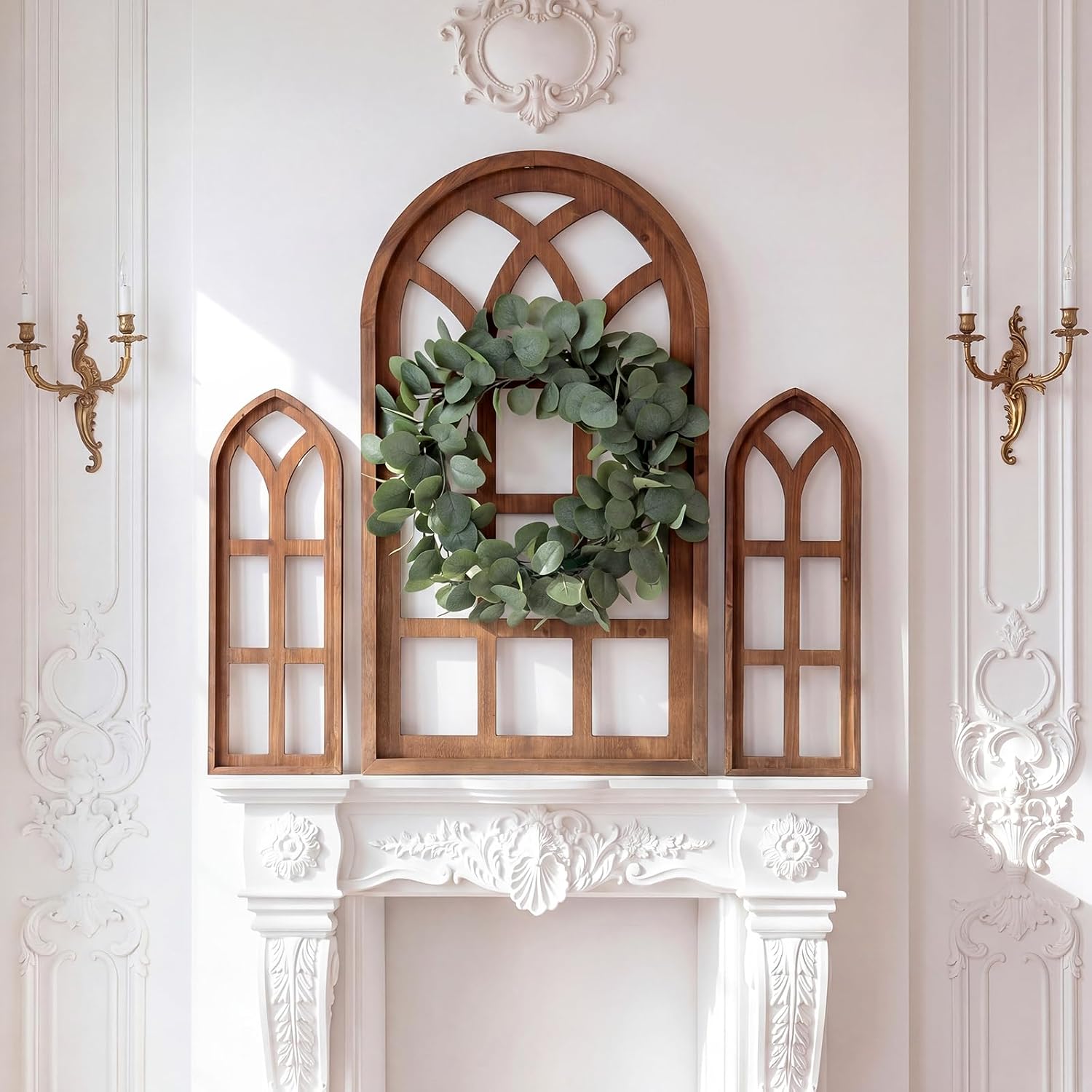 RattanView 4 Pcs Large Wood Arched Window Frame Wall Decor Rustic Window Frame with Eucalyptus Wreath Farmhouse Cathedral Wall Art for Living Room Bedroom Entryway Wedding Holiday(Brown)