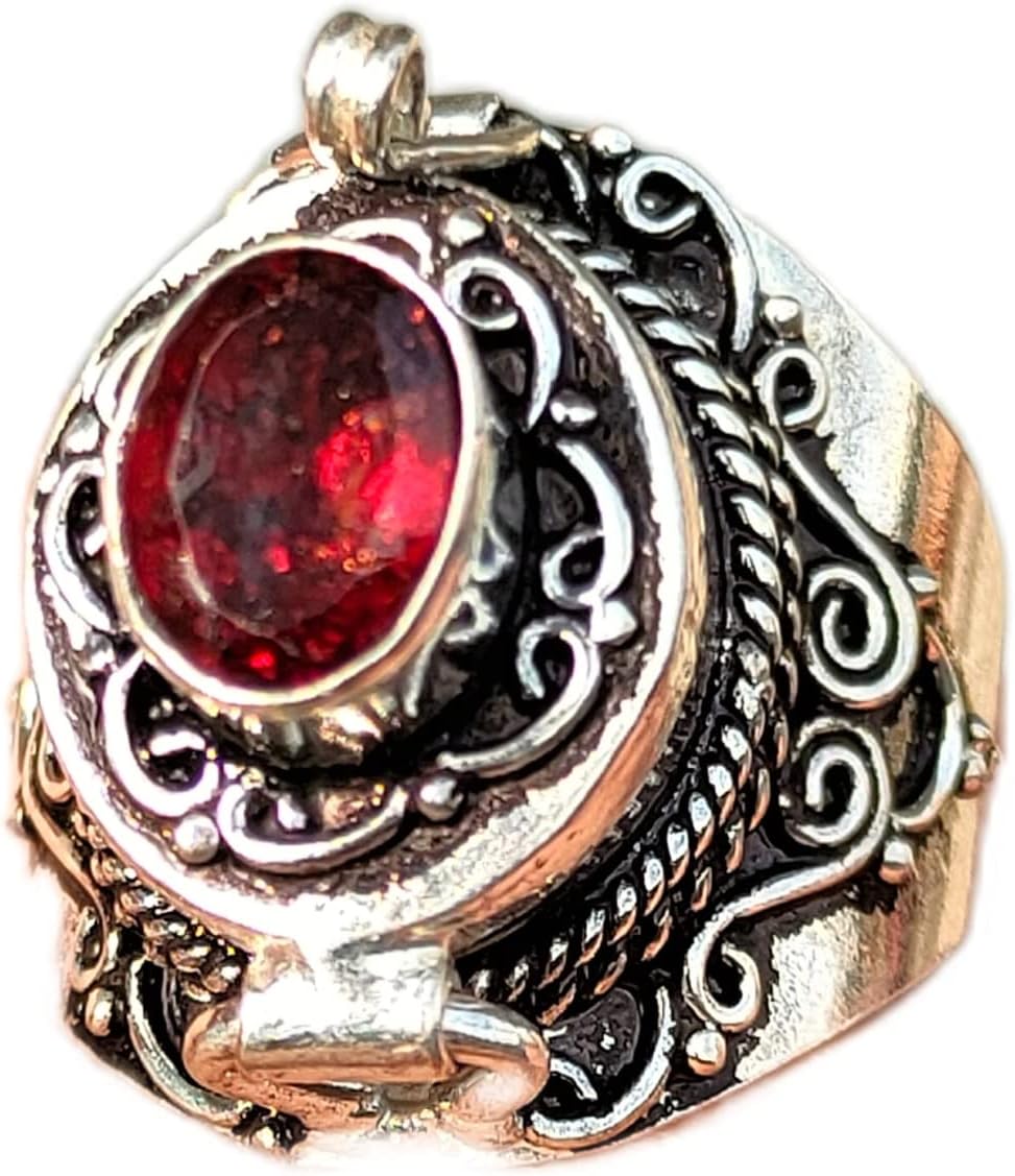 Faceted Garnet Ring, Poison Box Red Stone Rings, January Birthstone, Locket Poisons Pill, Designer Healing Crystal, Secret Message, Natural Garnet Jewelry