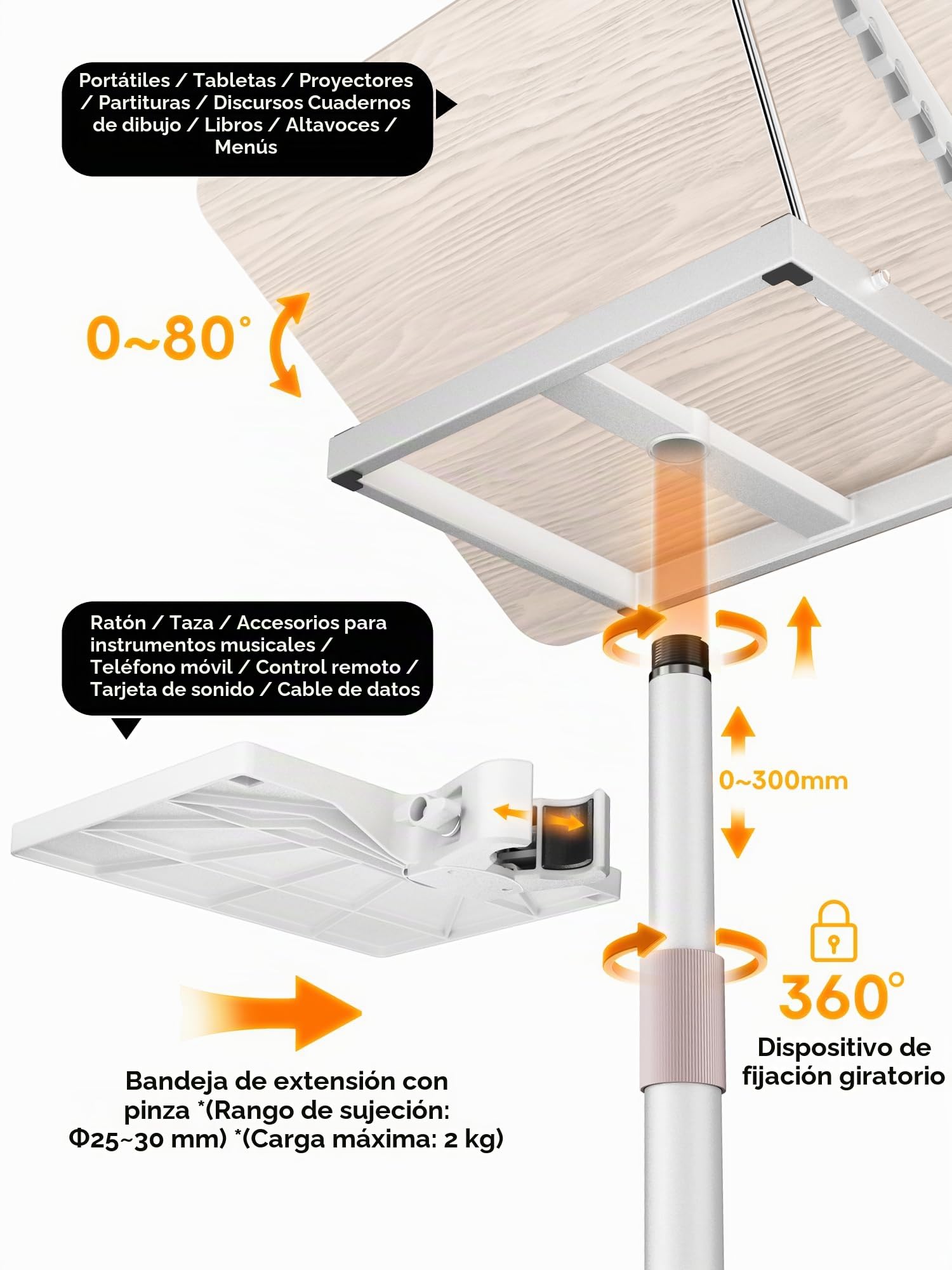 Soporte Ajustable 2 en 1 para Libros y Portátiles - Altura Regulable 60-132 cm, Uso Dual en Suelo y Mesa, Clip Elásticos para Partituras, Recetas, Tablets y Laptops, Diseño Moderno en Blanco
