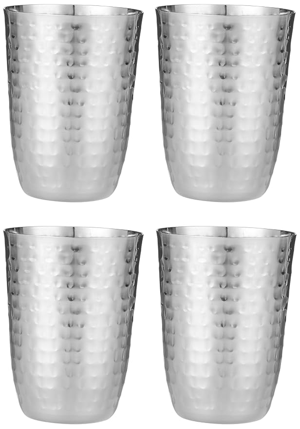 Tosaa Stainless Steel Deluxe Hammered Finish Glasses Pack of 4 - Non-Reactive Material Keeps Beverages Safe and Fresh, Suitable for Water, Juice, Milk, Or Cold Beverages