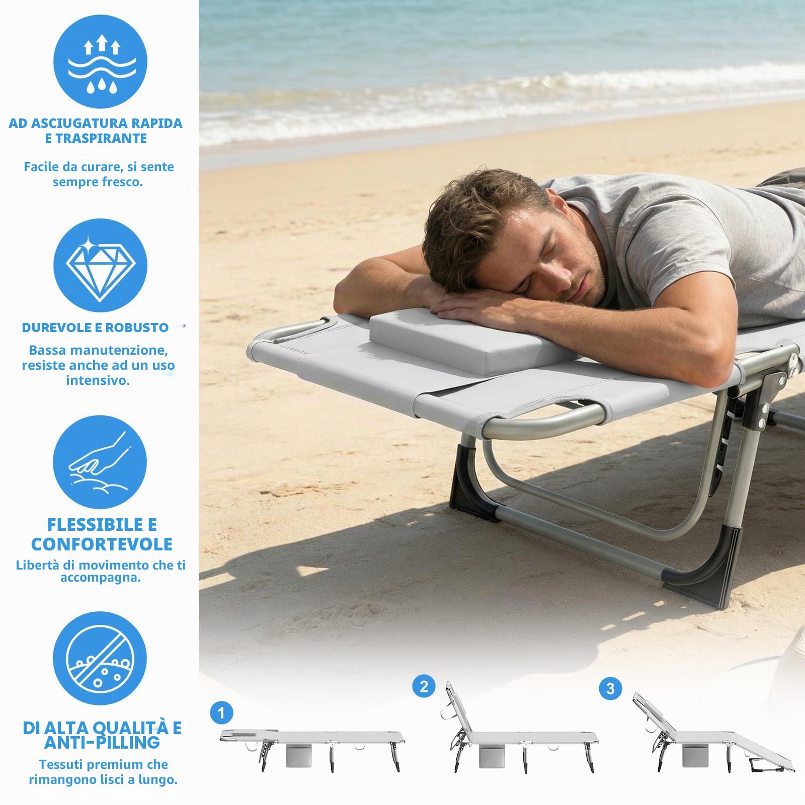 Huracan Lettino prendisole con apertura del viso, pieghevole da giardino con cuscino rimovibile e schienale regolabile in 3 posizioni, leggero, da campeggio, per piscina, spiaggia, grigio