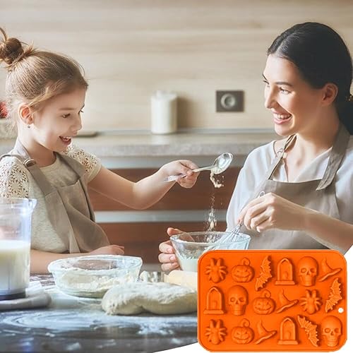 Miniatura 6 de Molde de chocolate de Halloween, 2 piezas de molde de silicona para hornear de Halloween, calabaza, murciélago, calavera, molde de silicona para