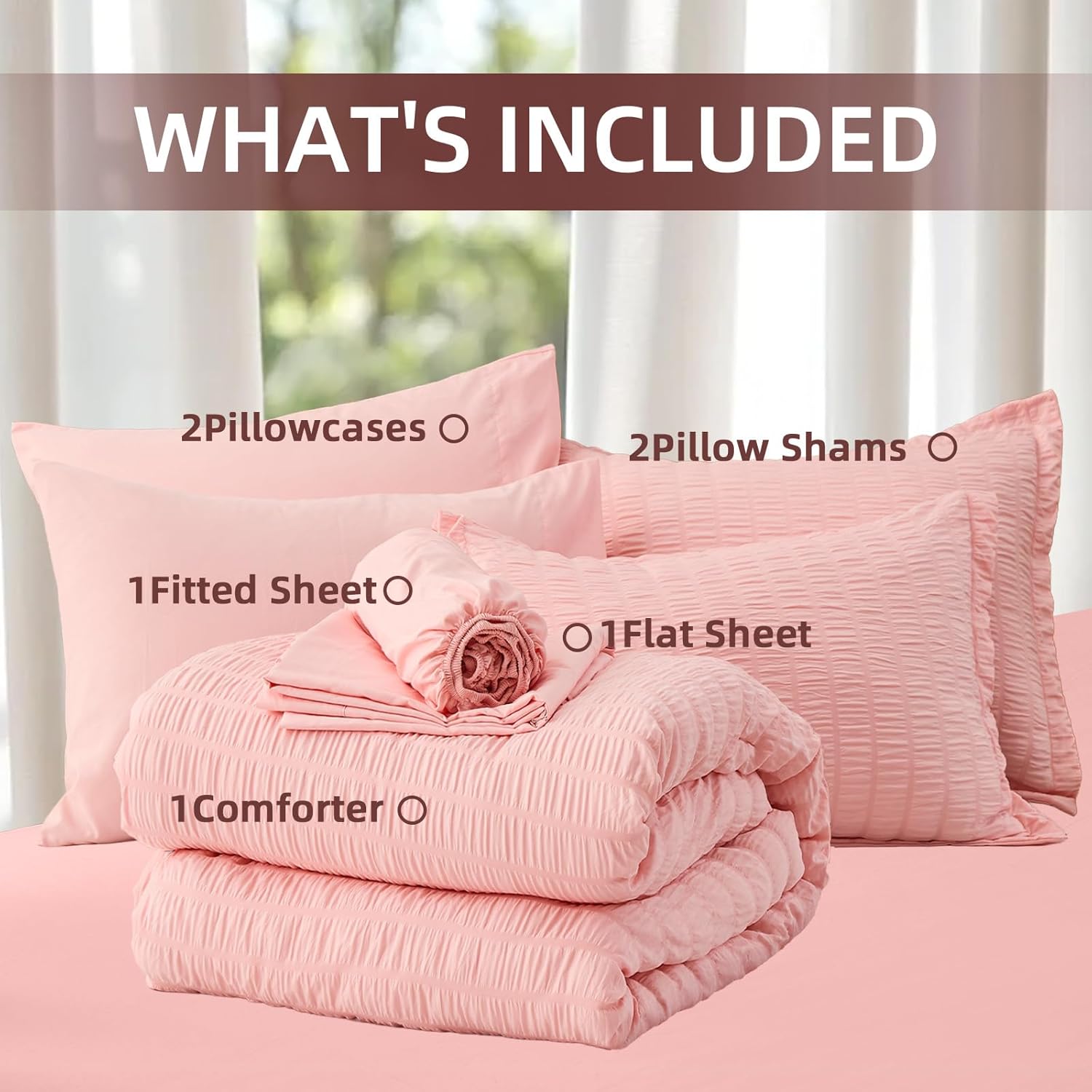 FUANNA Pink Queen Comforter Set 7 Pieces, Luxury Seersucker Queen Bed Set for All Seasons, Soft Bed in a Bag Queen Size with Comforter, Flat Sheet, Fitted Sheet, Pillowcases & Shams for Room Decor - Image 9