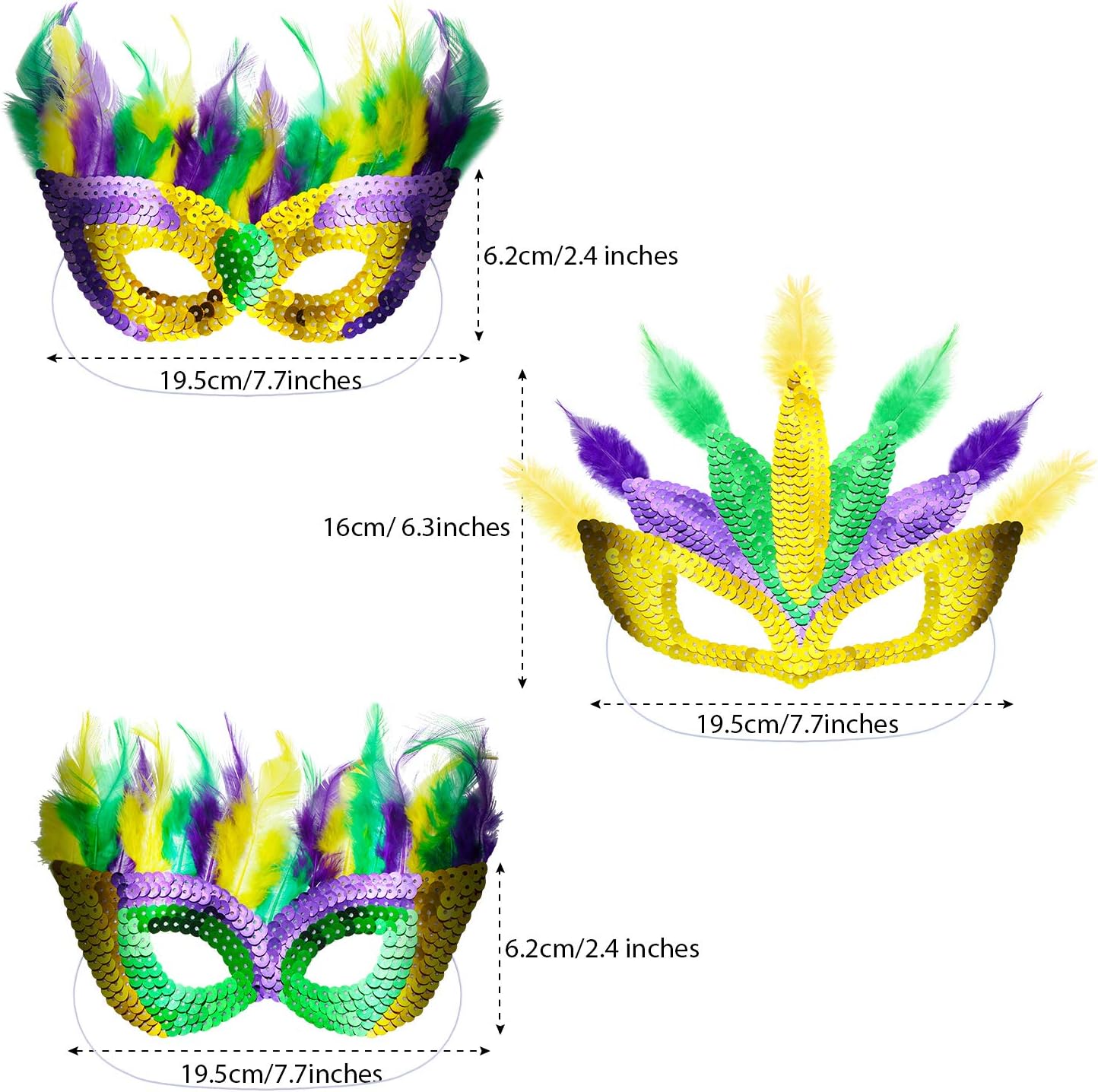 Gejoy 14 Pieces Mardi Gras Feather Mask Carnival Gold Green Purple Masquerade Masks for Mardi Gras Costume Party Favors Photo Props - Image 2