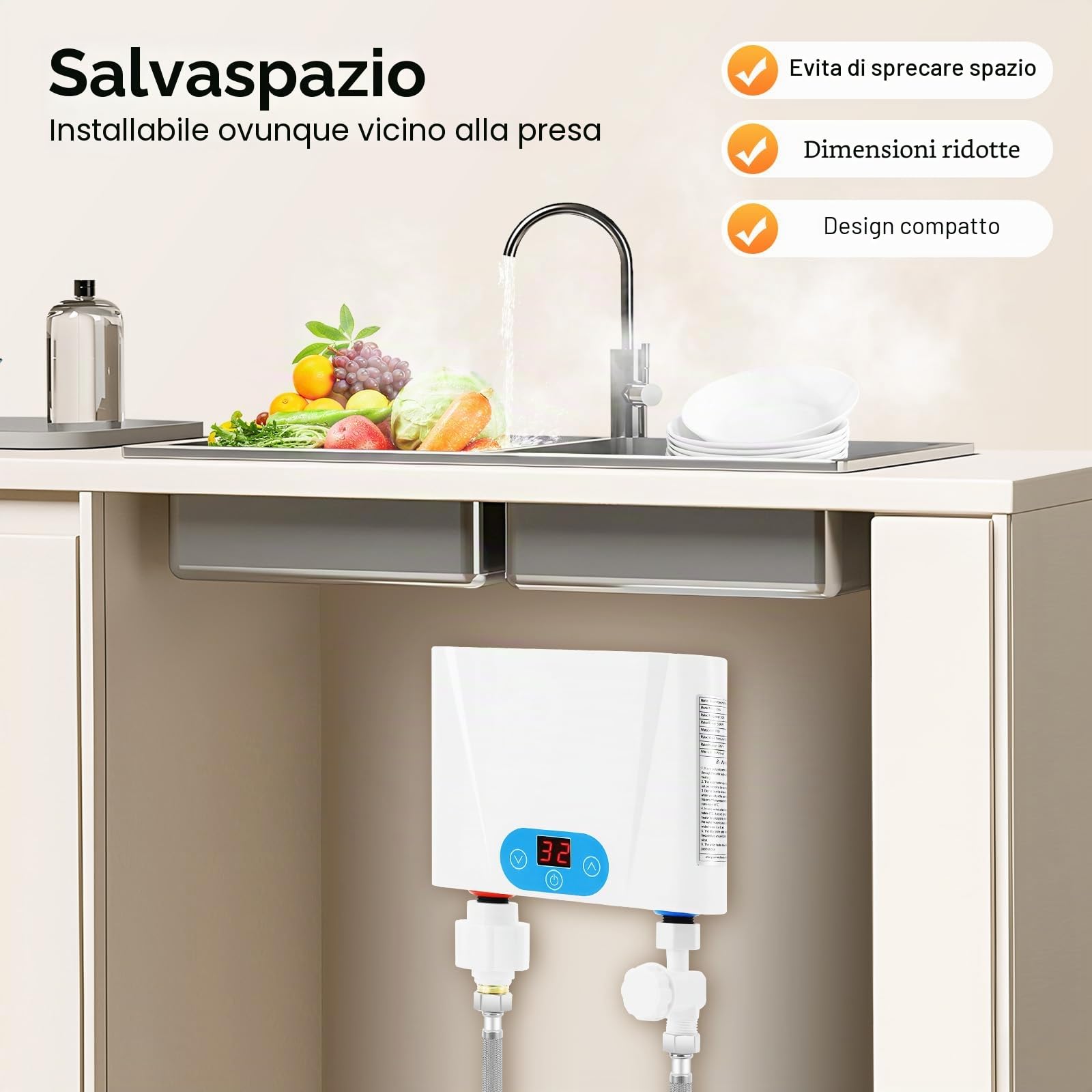 Scaldabagno Istantaneo 5.5KW 220V Scalda Acqua Elettrico Basso Consumo con Controllo a Touch LED, Protezione IPX4 e Anti-Surriscaldamento, Mini Scaldabagno Per Cucina Bagno Doccia