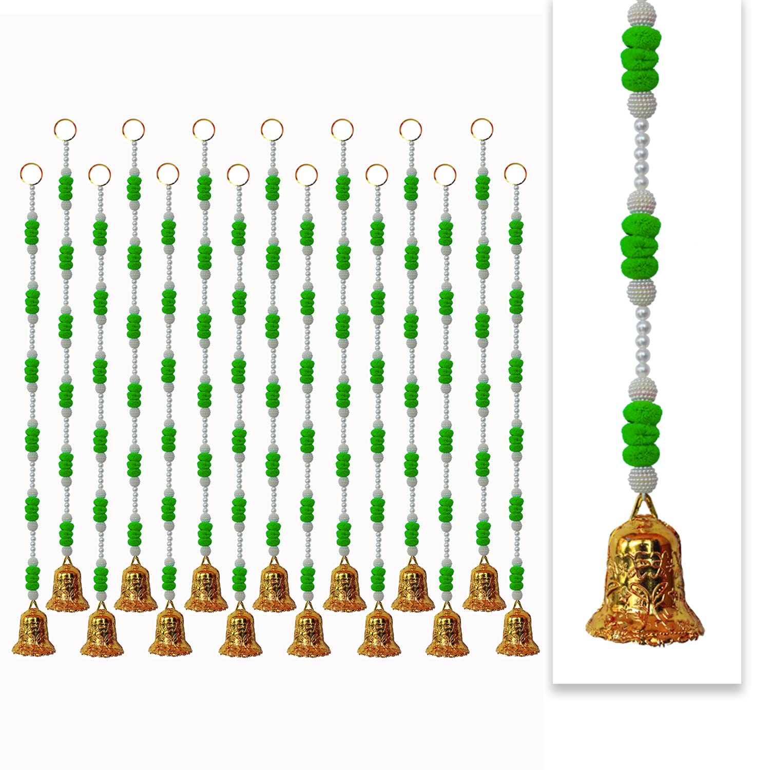 iHandikart Door Hanging Strings with White Beads, Pom Pom, Big Bell for Diwali Decoration|Home Decoration Strings, Colour White & Green, Size 35 inches Pack of 15 (75003-C-15)