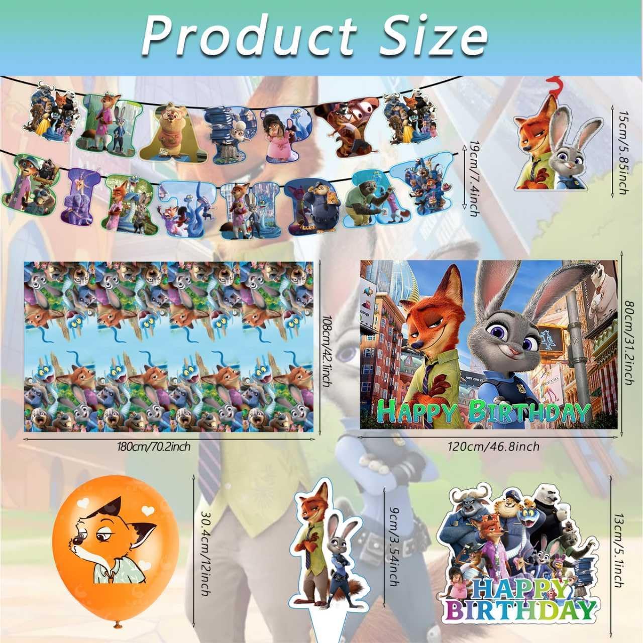 49PCS Zootopia2 Birthday Party Supplies, Backdrop, "Happy Birthday" Banner, Tablecloth, Large Aluminum Balloon, Small Aluminum Balloons, Latex Balloons, Cake Topper, Cupcake Toppers, Hanging Swirls - Image 3