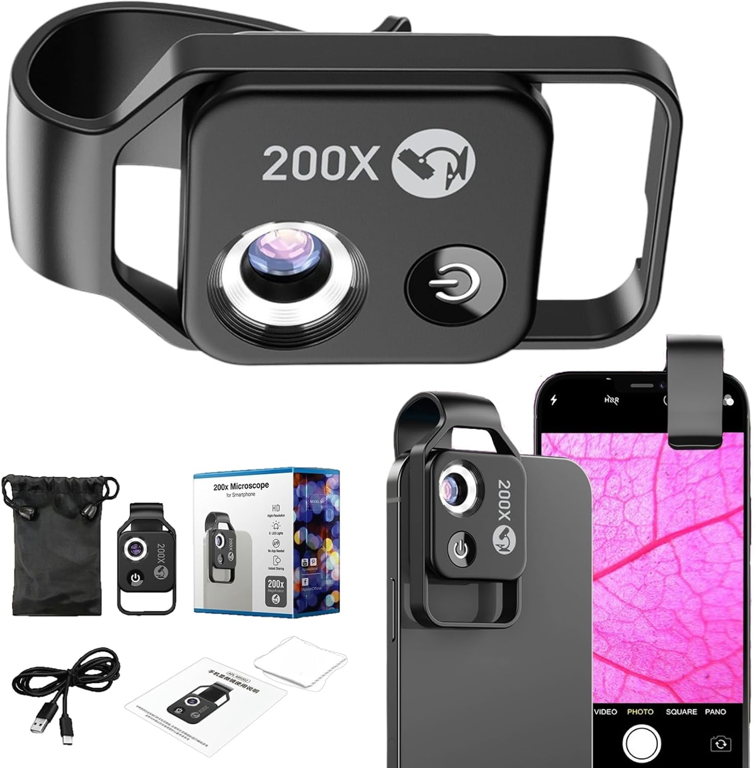 2025 New Nano Zoom 200x for iPhone – Pocket Microscope Camera with 200x Magnification Zoom & CPL Lens for Clearer, More Stable Images (Black)