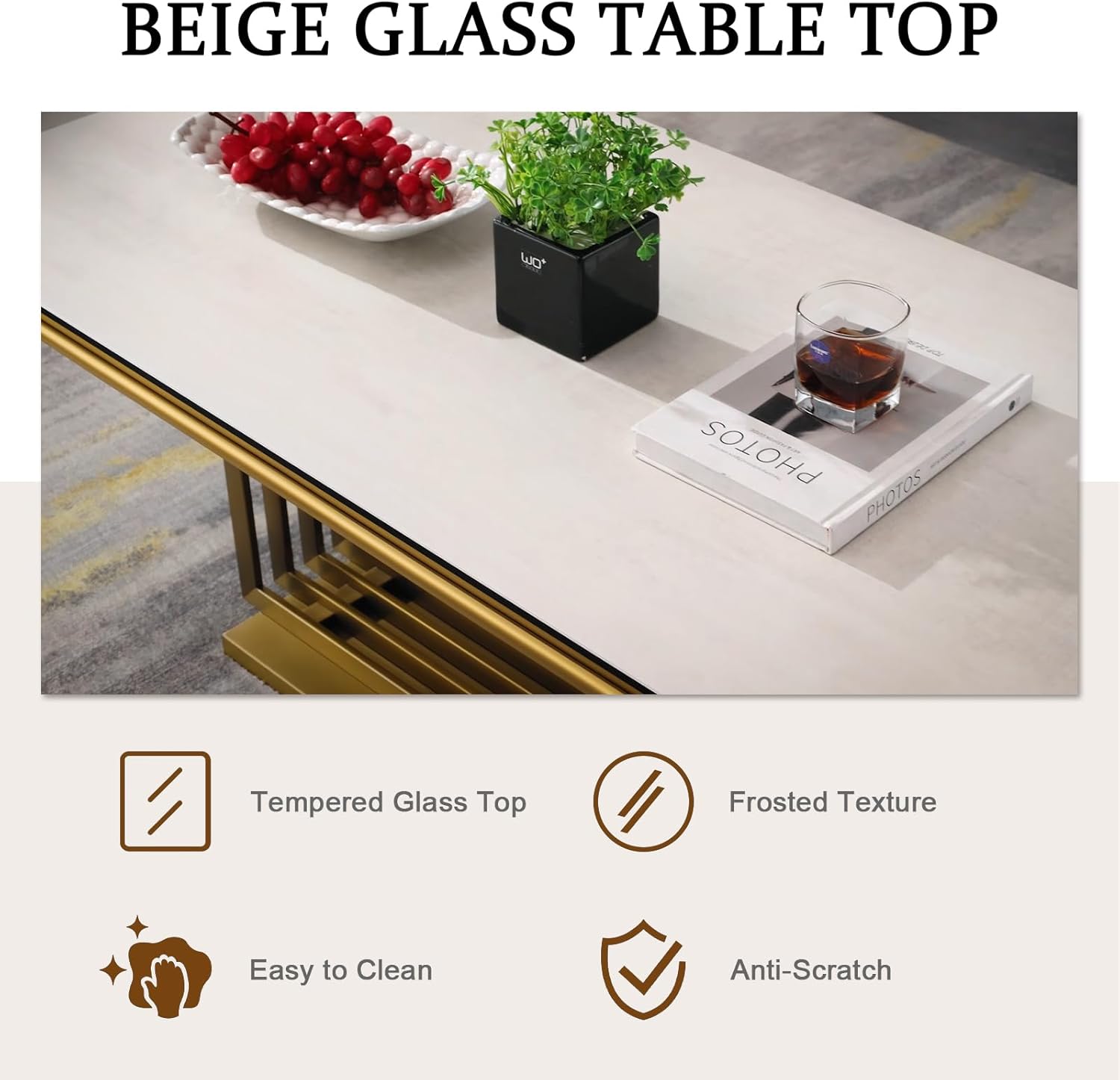 AUZ Coffee Table, 50" Gold Brushed Center Table with Beige Tempered Glass Top, Luxury Gold and Beige Glass Coffee Table for Living Room