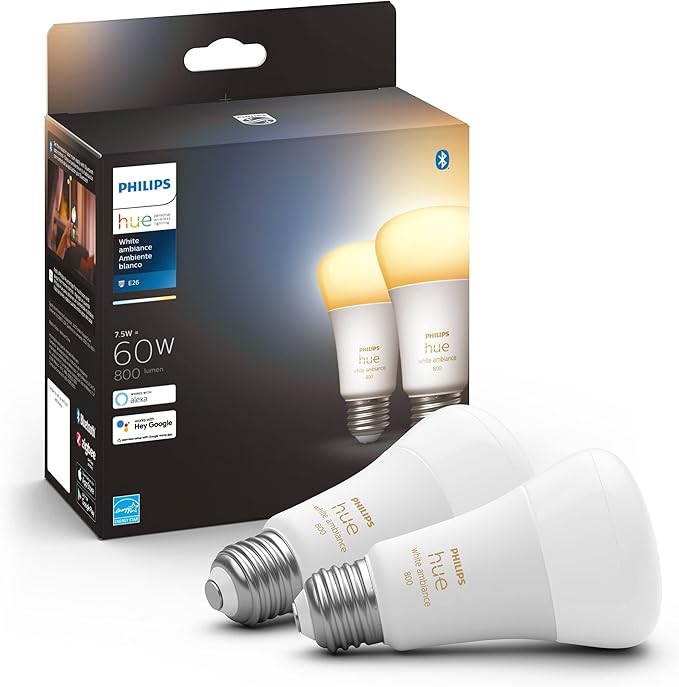 Philips Hue Smart 60W A19 LED Bulb - Soft Warm White Light - 4 Pack - 800LM - E26 - Indoor - Control with Hue App - Works with Alexa, Google Assistant and Apple Homekit