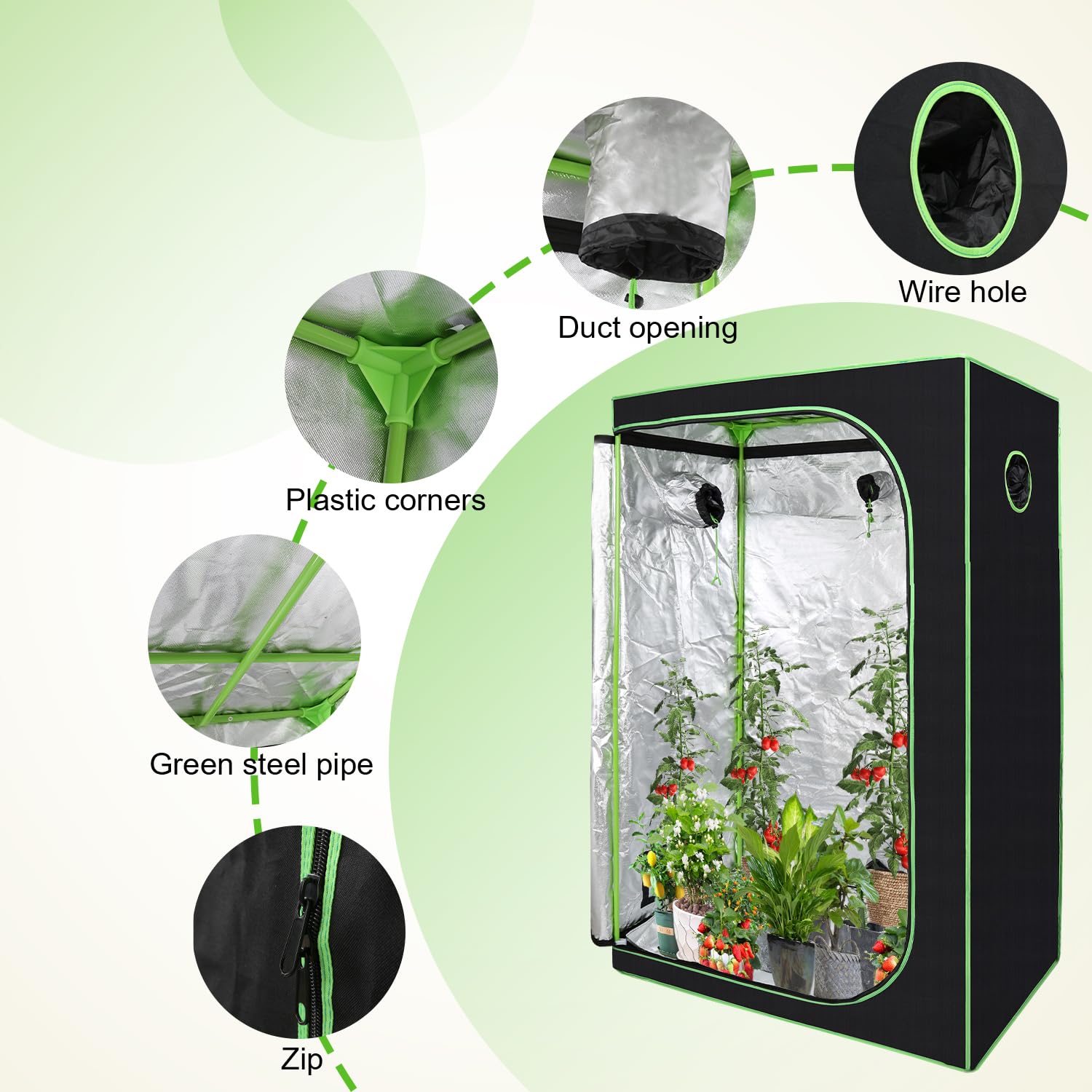 Tienda de cultivo 60 x 60 x 180 cm Tent reflectante Mylar Carpas de cría Gabinete Interior Invernadero para Plantas Crecimiento Carpa de Cultivo, Negra y Verde