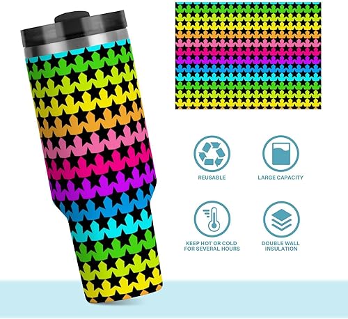 Miniatura 8 de Tiras de neón coloridas estrellas negras reutilizables al vacío aisladas al vacío tazas de café con tapa de pajilla, taza de café grande decorativa