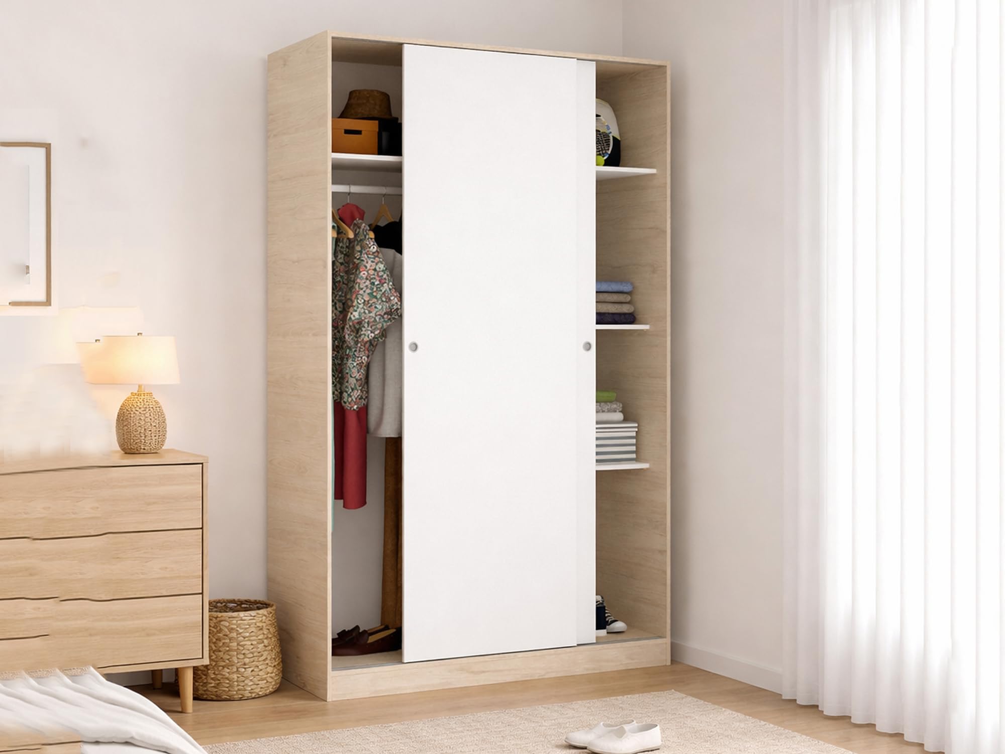 Guardaroba 2 Ante Denali, Mobile Appendiabiti per Camera da Letto, Armadio Ante scorrevoli, 120x50h204 cm, Bianco Lucido e Rovere