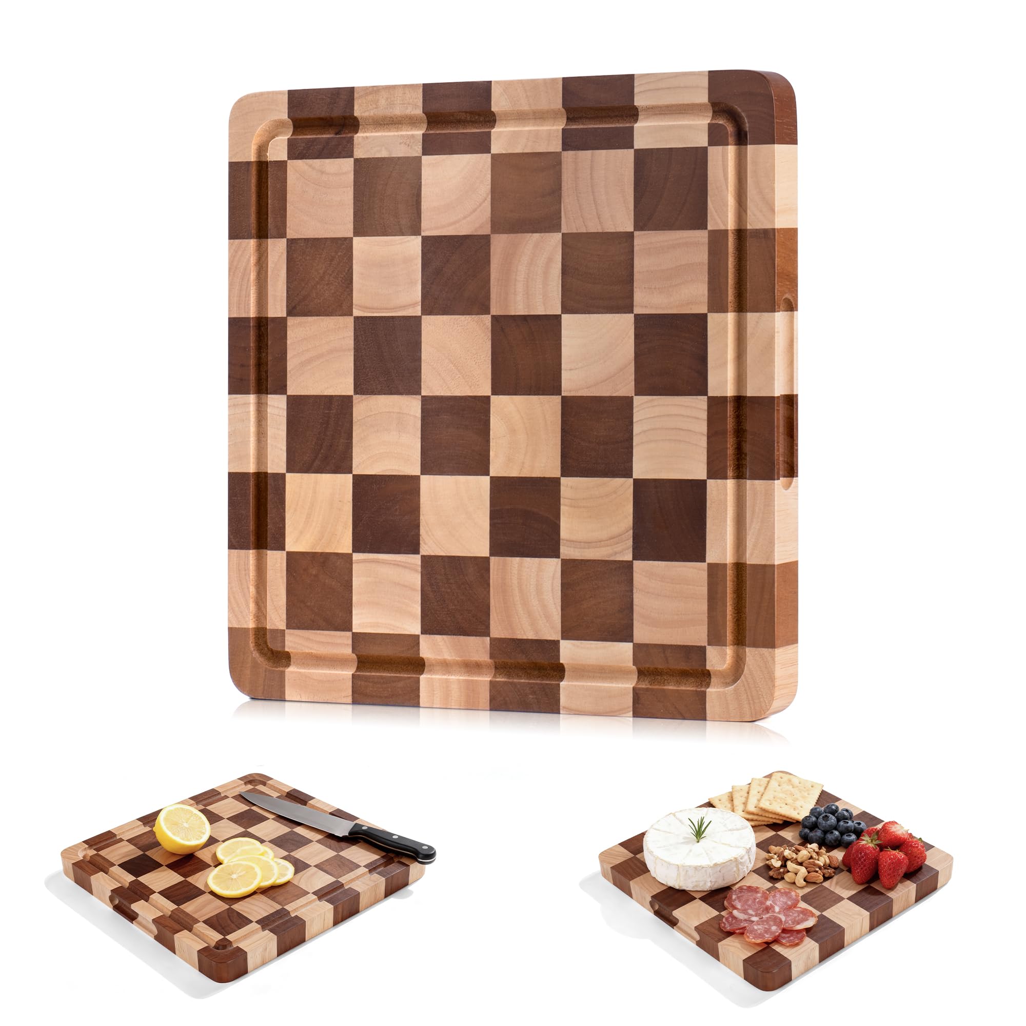 WILLKOMMEN Checkered Cutting Board for Kitchen– Wood Checkerboard End Grain Chopping Board 1" Thick Wooden Butcher Block with Juice Groove & Handle, Reversible for Cooking and Serving (Square)