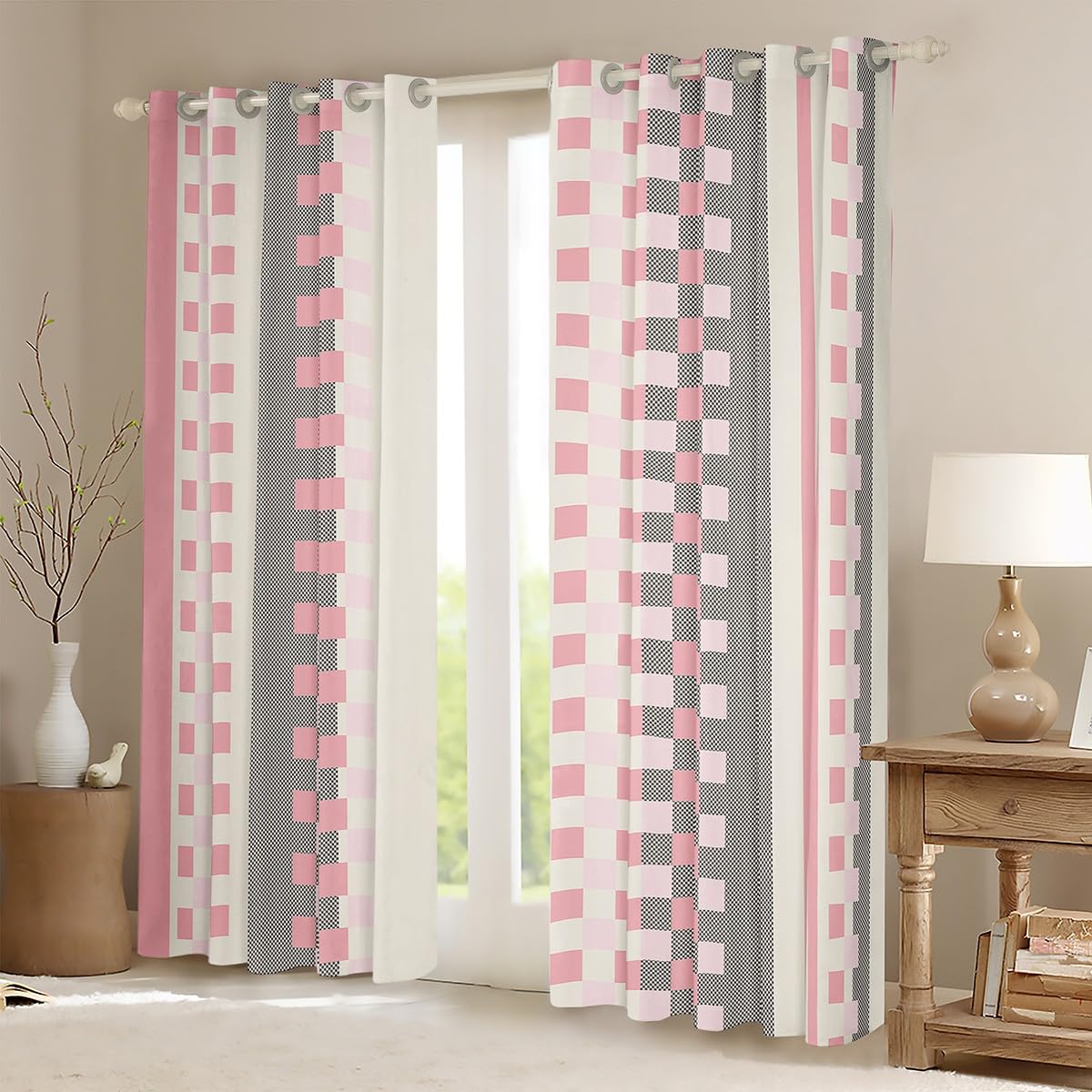 Homewish Rideau Occultant 140x245 cm Plaid Rose,Rideau Gris Rose À Échecs,Rideaux Voilage Grille Géométrique,Voilage Fenetre pour Enfants Garçons Filles Rayures Modernes Esthétique pour Chambre Salon