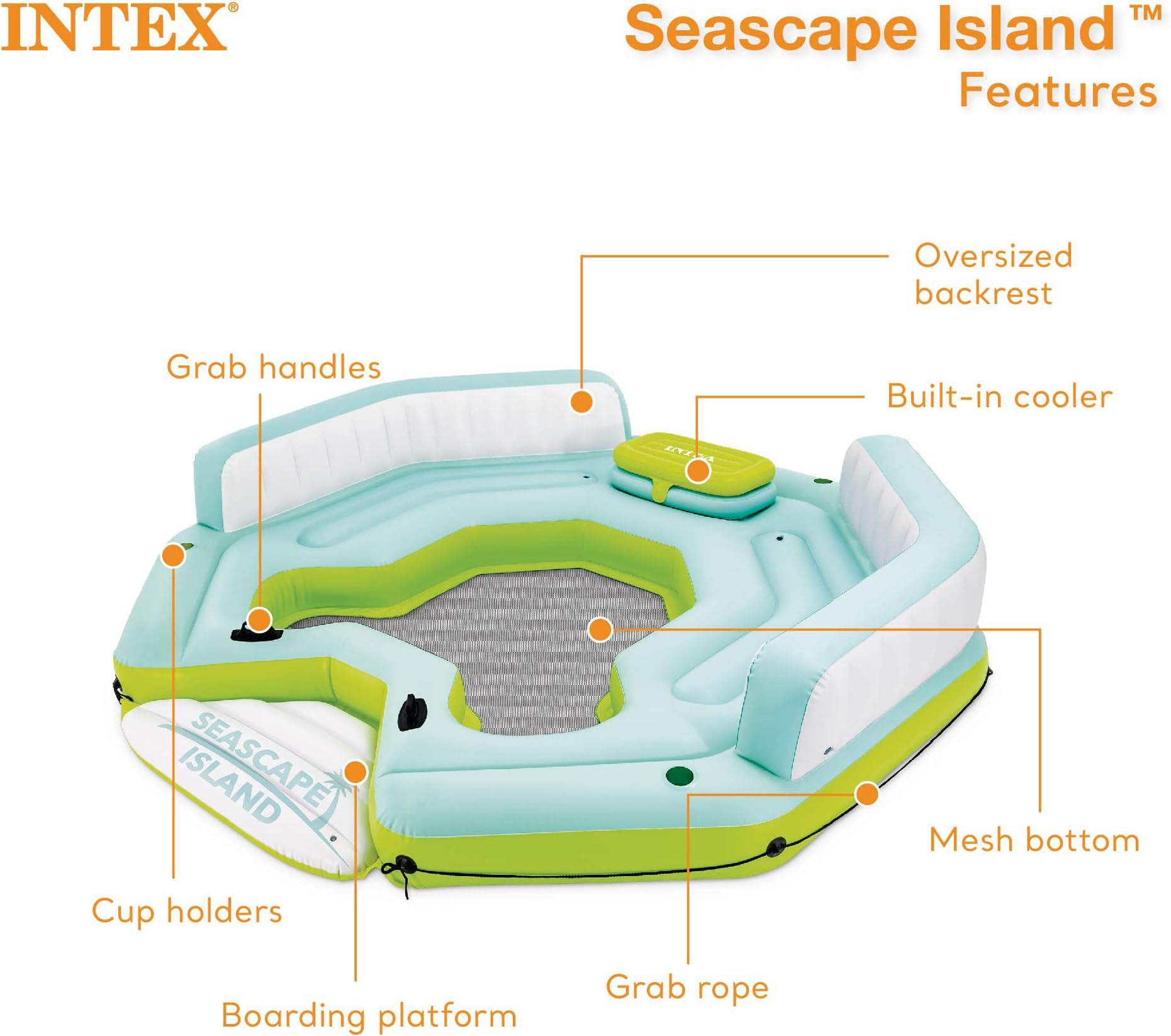 Intex: Seascape Island - Inflatable Relaxation Island Float, Lime Mint & White, Massive Float Allows for Multiple Adults, Weight Capacity 880 lbs., Built-in Cupholder