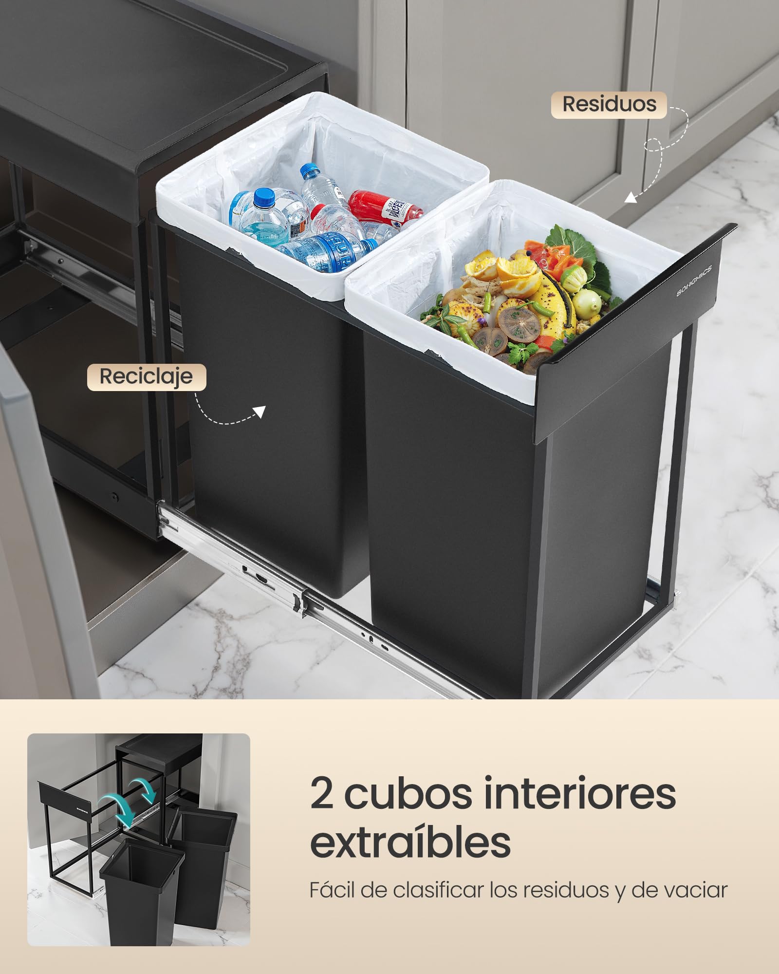 SONGMICS Papelera de Cocina para Reciclaje y Residuos, Cubo de Basura para Armario, 2 x 15 L Compartimentos Dobles, Extraíble, Estructura de Acero, Tapa ABS, Negro Tinta LTB950B01