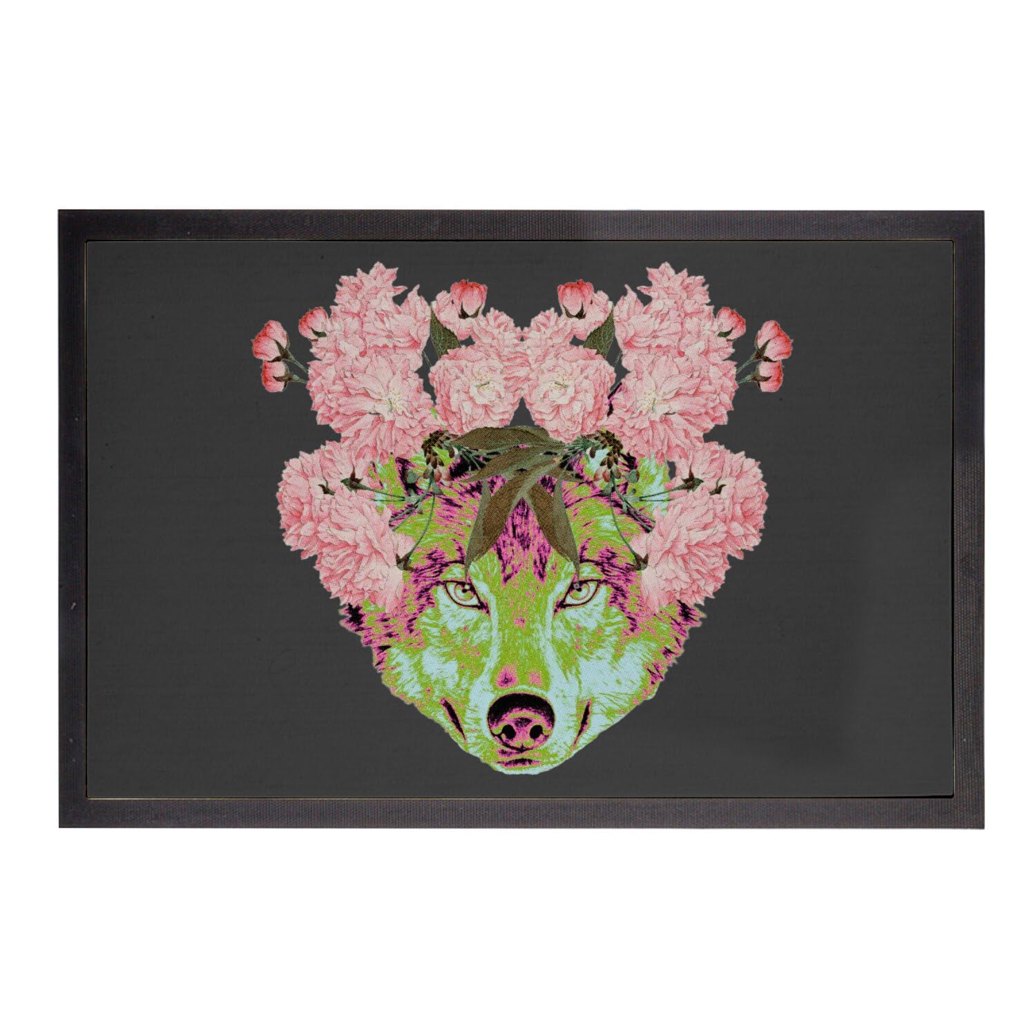 Paillasson noir fleurs vintage tapis entrée nature couronne botanique pour maison