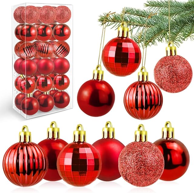 GIRAFEDA 36 PCS Christmas Baubles Red Christmas Ball Ornaments Small Shatterproof Hanging Ball Baubles Christmas Tree Decorations for Xmas Holiday Wedding Party Decorations (Red, 4 cm)
