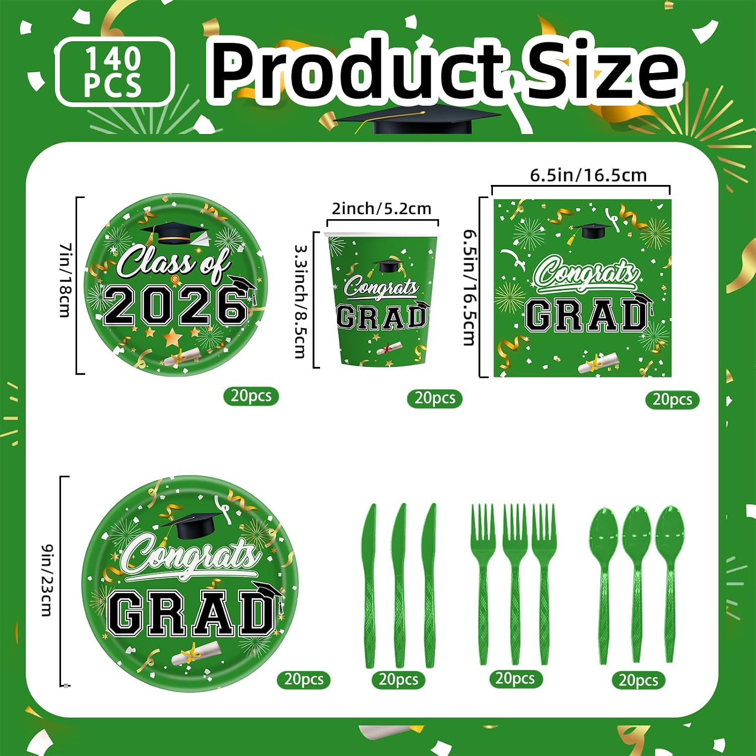 140pcs Graduation Plates and Napkins 2026, Congrats Grad Disposable Dinner & Dessert Paper Plates, Napkins Cups Forks Knives spoons for Graduation Party Decoration, Serves 20 (Green) image 2