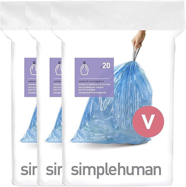 simplehuman CW0269 code V Custom Fit Bin Liner Bulk Pack, Blue Plastic (3 Pack of 20, Total 60 Liners)
