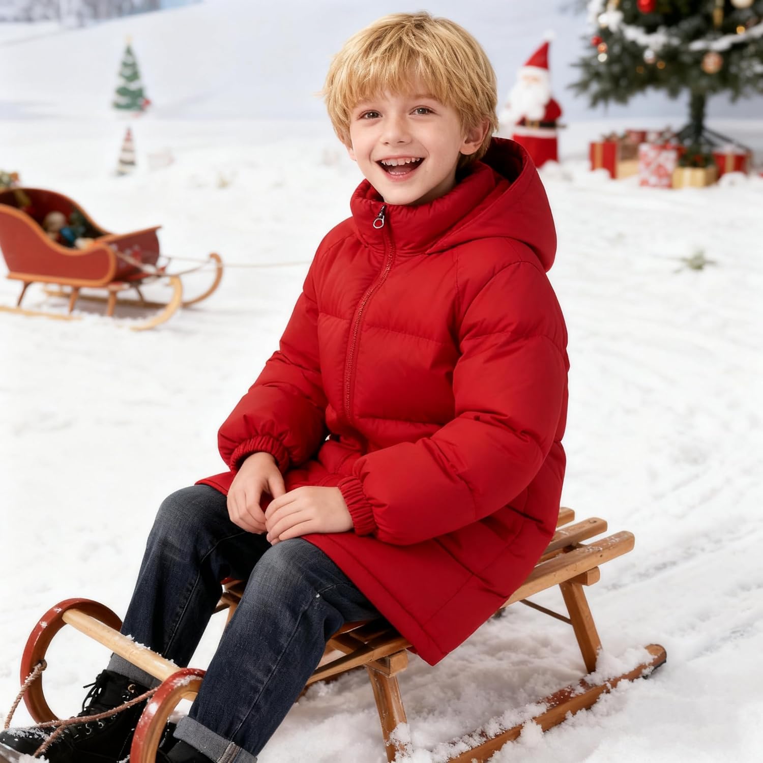 uideazone Boys' Winter Coat Medium Length Warm Hooded Puffer Jacket Down-like Cotton Waterproof Outwear 5-12Y - Image 2