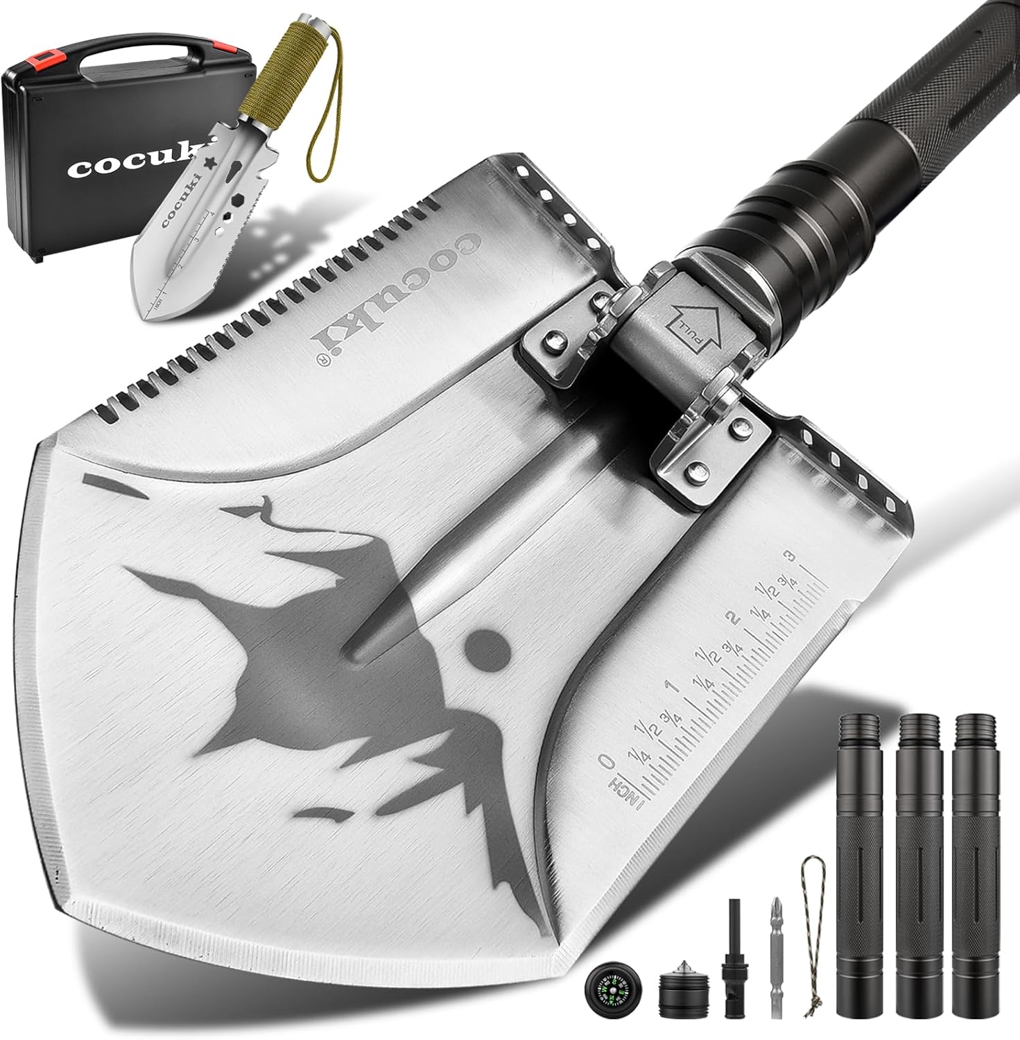 Camping Shovel Survival Kit, 2.0 Version One-Click Conversion Military Grade Multifunctional Folding Tactical Shovel with Titanium Backpacing Trowel for Camping, Emergency, Gardening, Hiking