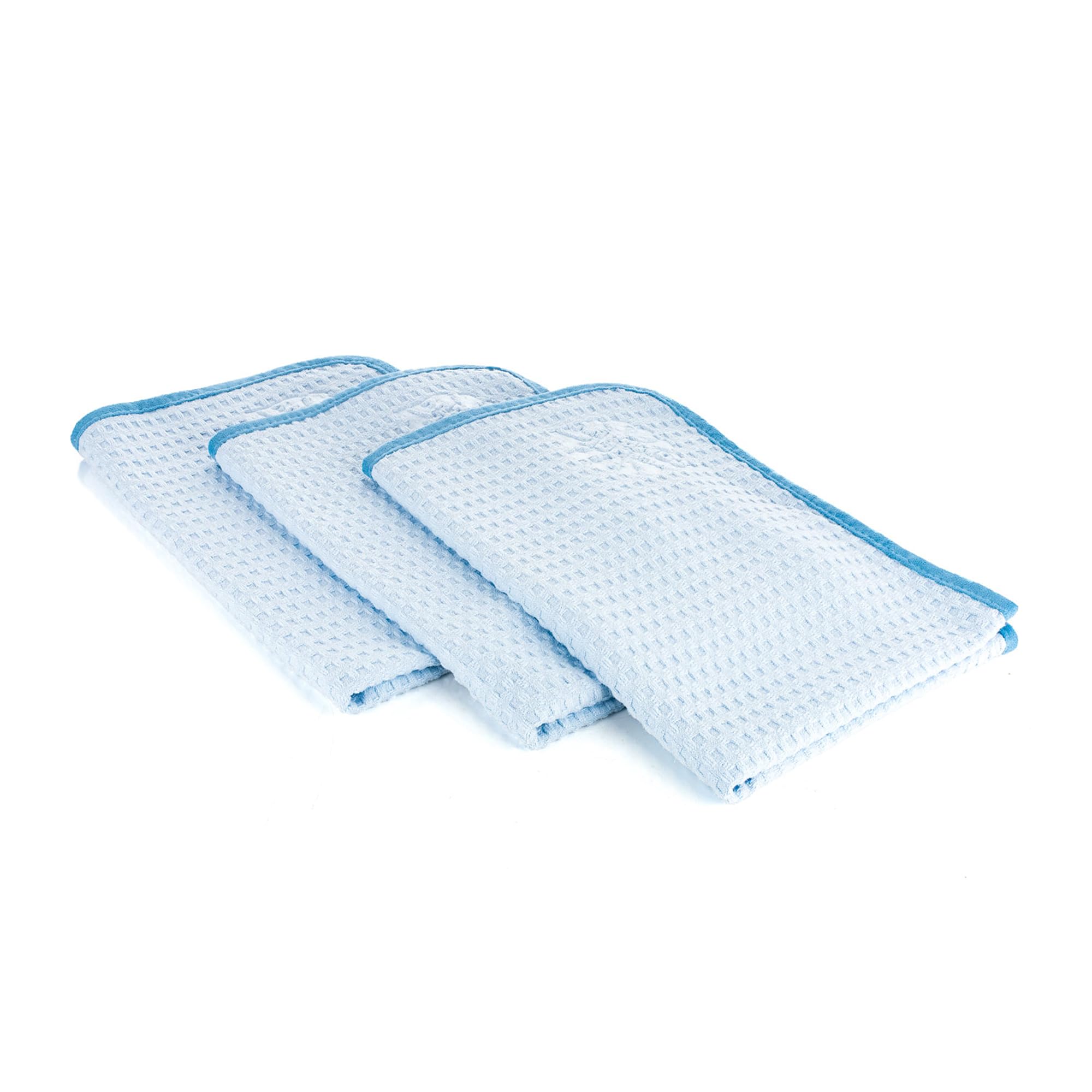 The Rag Company - Dry Me A River - Professional Korean 70/30 Blend, Microfiber Waffle-Weave, Drying & Detailing Towels, Soft Suede Edges, 390gsm, 16in x 24in, Light Blue (3-Pack)