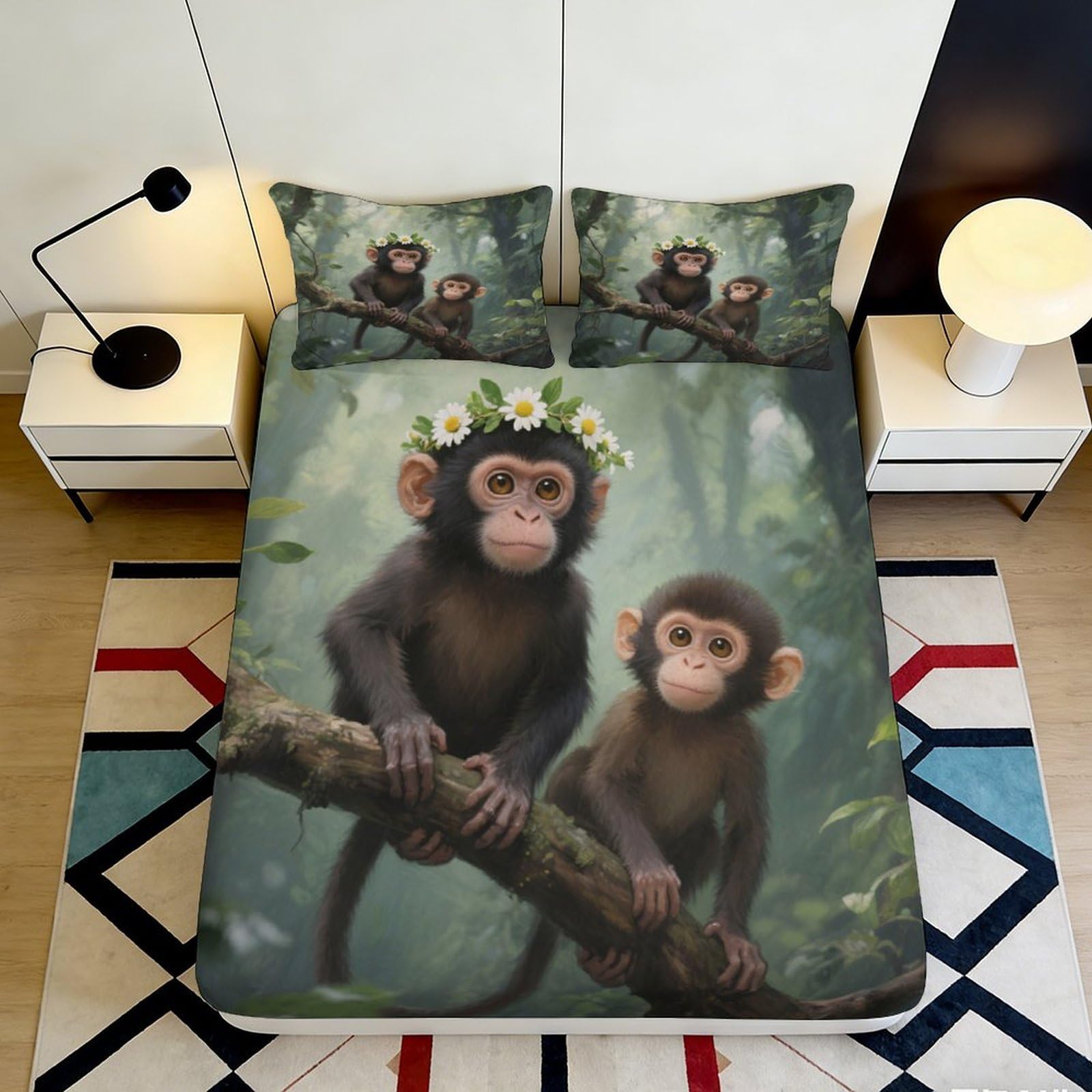 3D Printed Monkey Floral Crown Fitted Sheet Microfiber Soft Breathable Jungle Bed Cover for Bedroom Dormitory Guest Room Mattress Protection Decor 200x200x25cm