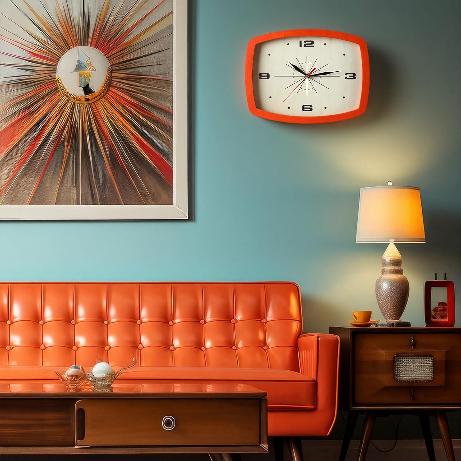 Cunno 2 Pcs Retro Wall Clock ModernMid Century Decoration Silent Non Ticking Blue Orange 10 Inch Rectangular Retro Clock Battery Operated Vintage Wall Art for Living Room Office Kitchen Bedroom