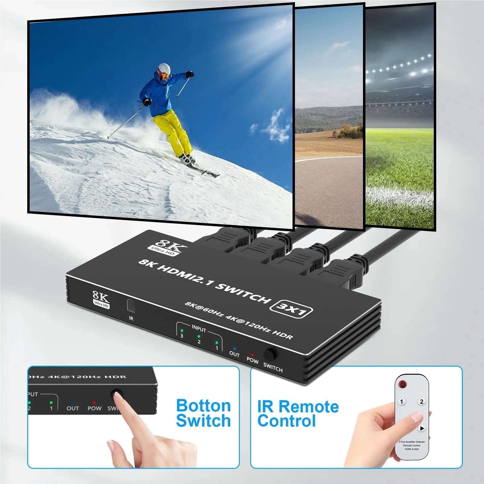 Switch HDMI 8K 3 in 1 Out Splitter HDMI - Selettore commutatore HDMI 4K @120Hz/8K @60Hz con telecomando IR