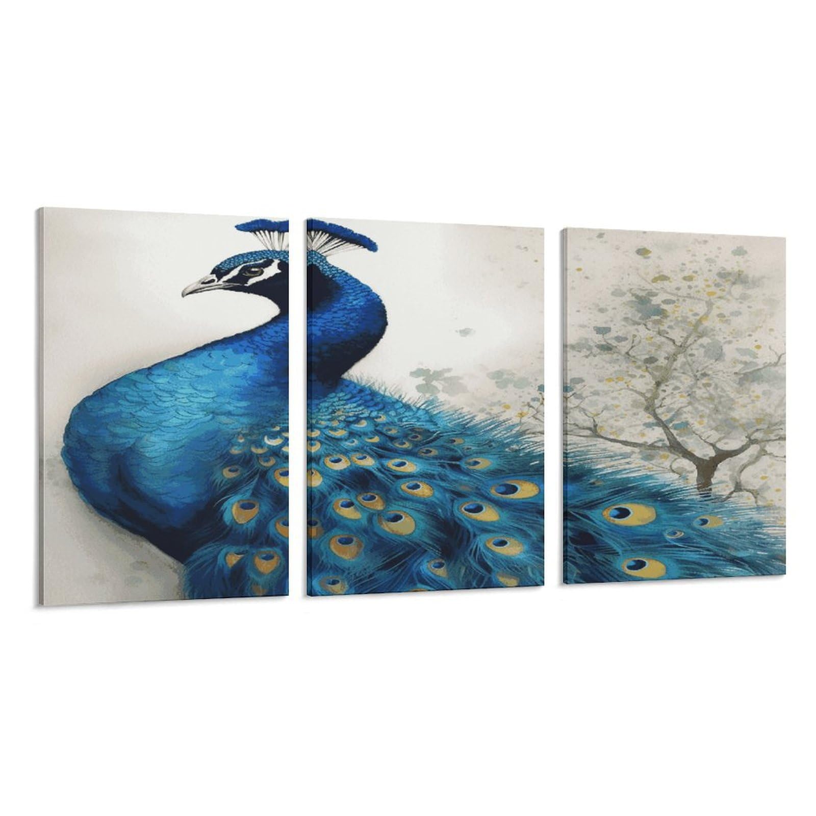 Toile murale paon bleu triptique vertical tableau decoration salon