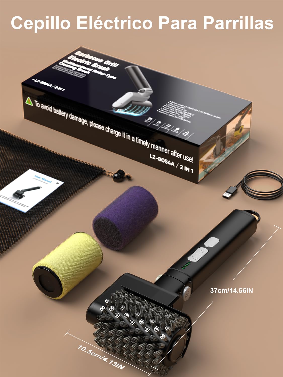 Cepillo eléctrico para Parrillas — Cepillo con Control de Potencia de 3 velocidades para Parrillas de Exterior, Recargable y sin Cables — Incluye 2 Cabezales de Cepillo y Almohadilla de Limpieza