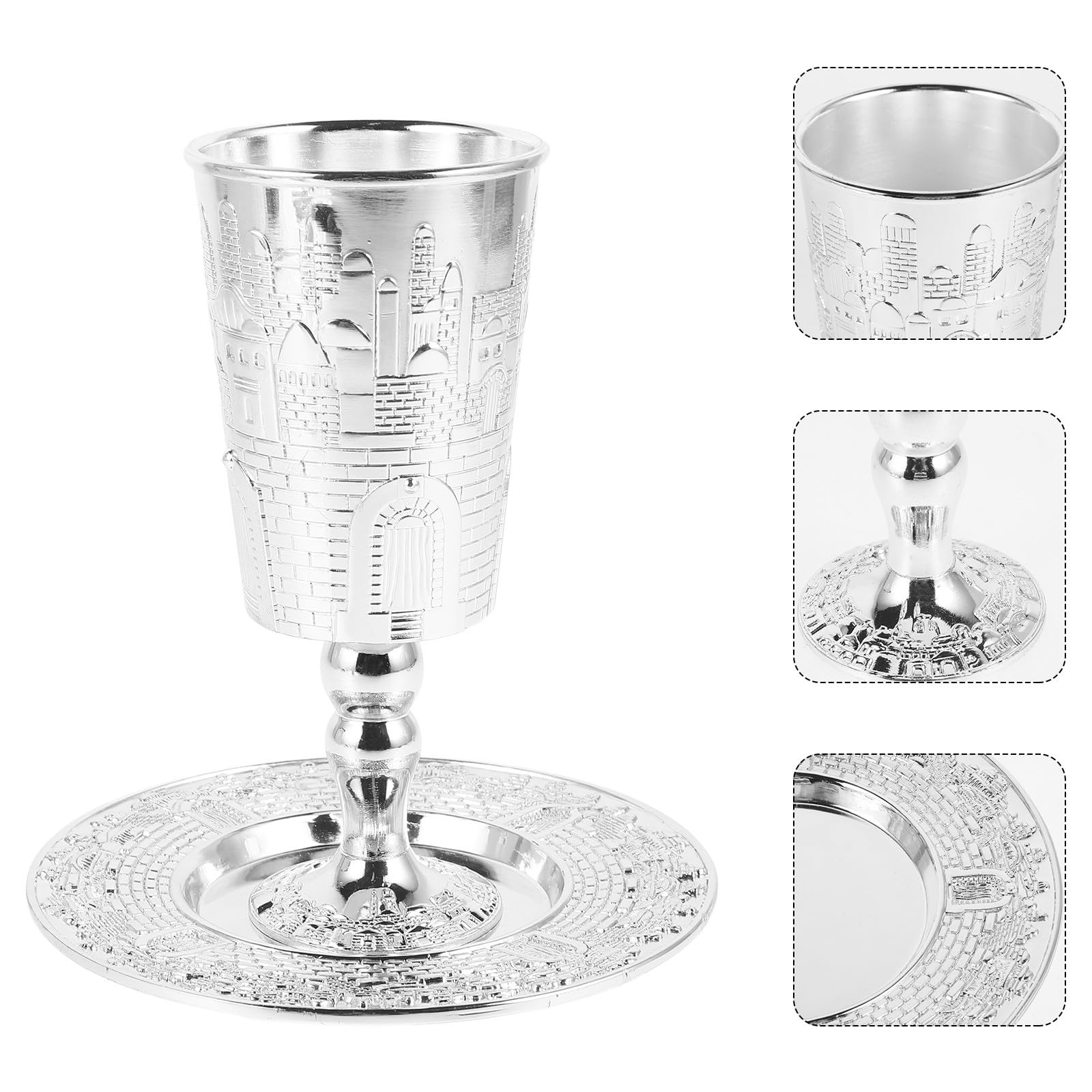 Set de Coupe en Alliage de Zinc Argenté Facile à Nettoyer avec Soucoupe Assortie Kiddouch Sainte Design Solide pour Shabbat et Fêtes Juives