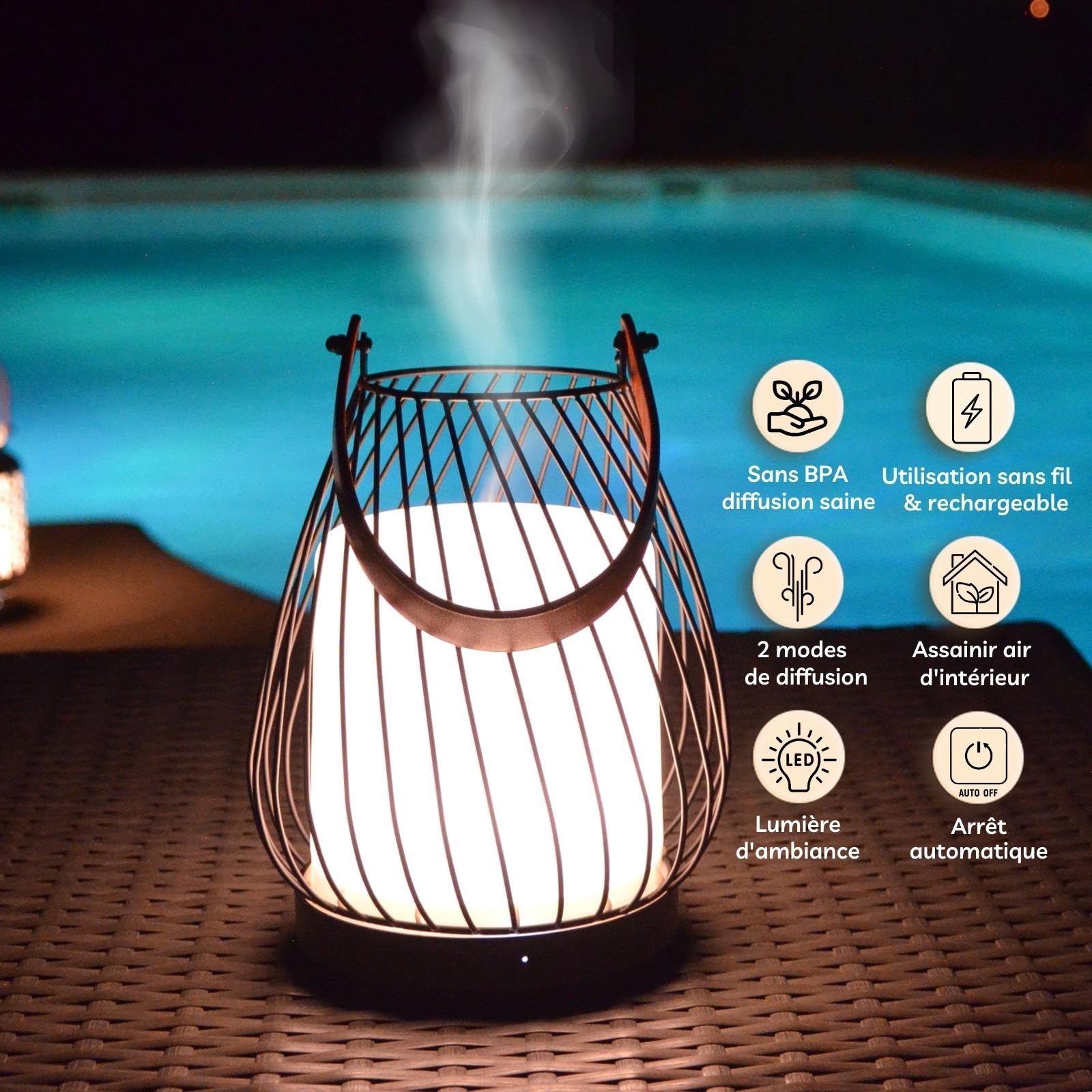 Zen'Aroma - Difusor ultrasónico inalámbrico Milano, batería Recargable integrada de 20 Horas, difusor de Aceite Esencial nómada, difusión Continua o por alternancia, 3 Modos de iluminación LED Blanco