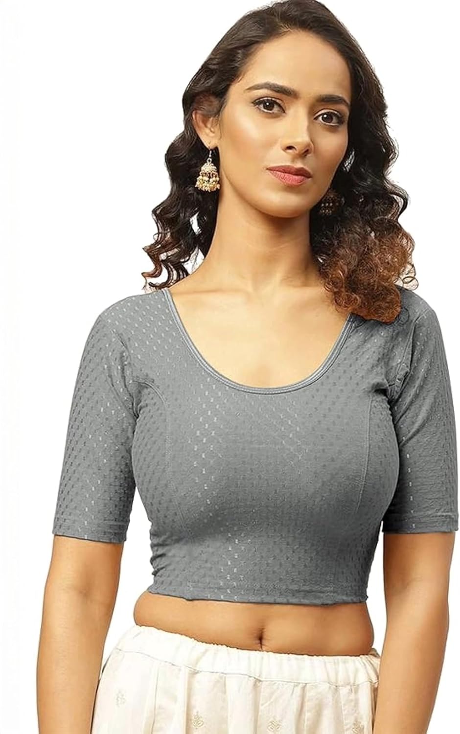 Round Neck Pure Dobby Cotton Stretchable Elbow Sleeve Readymade Saree Blouse for Women Stylish (208_silver_3XL)