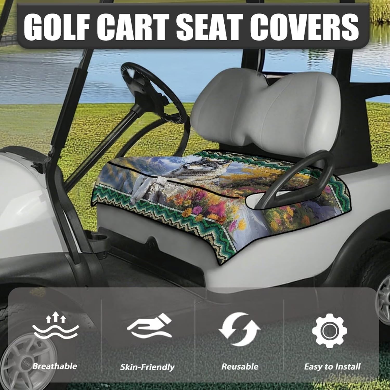 Golf Cart Seat Covers, Universal Breathable Sports Cart Seat Cushion Covers Heavy Duty Golf Cart Seat Towel Blanket Wolf Tree Floral and Mountain Print Golf Cart Accessories