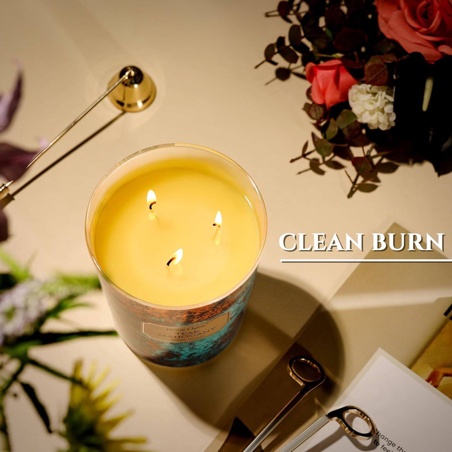 HomeLights Scented Candles | Large Jar 34 Oz Natural Soy Candle | 130 hrs Long-Lasting with 3 Wicks | Industrial Chic Home Decor | Gifts for Mom & Women, Teak Mahogany - Image 5