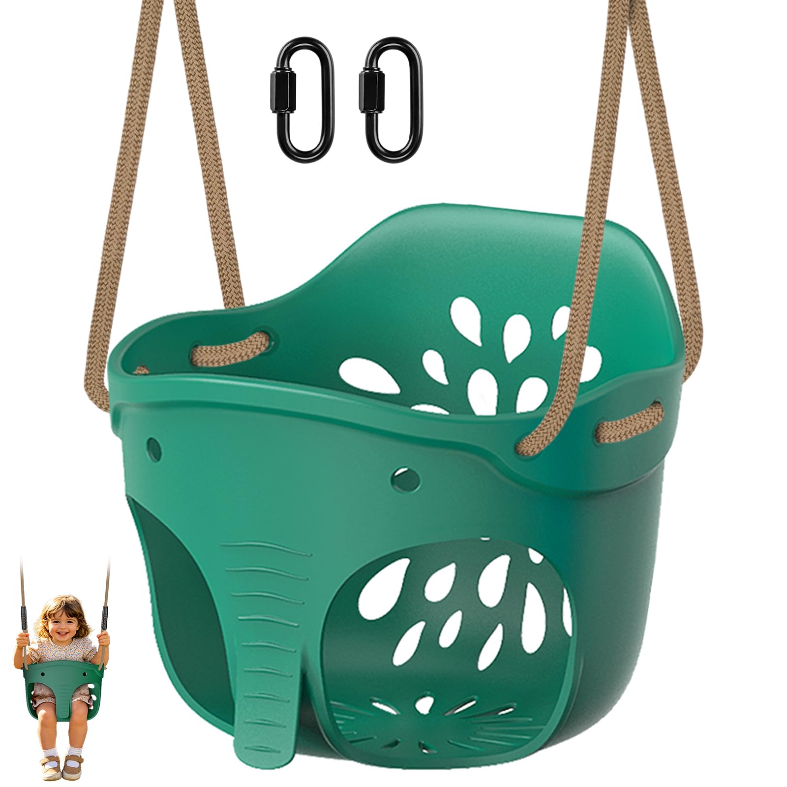 SELEWARE Green High Back Full Bucket Toddler Swing Seat w/Adjustable Rope