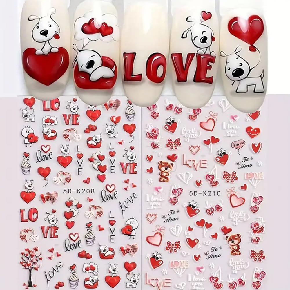 2Pcs 5D Cute Dog Bear Heart Cartoon Nail Art Stickers, 5D Embossed Red Heart Nail Decals 5D Self-Adhesive Red Heart Letter Design Valentine Manicure