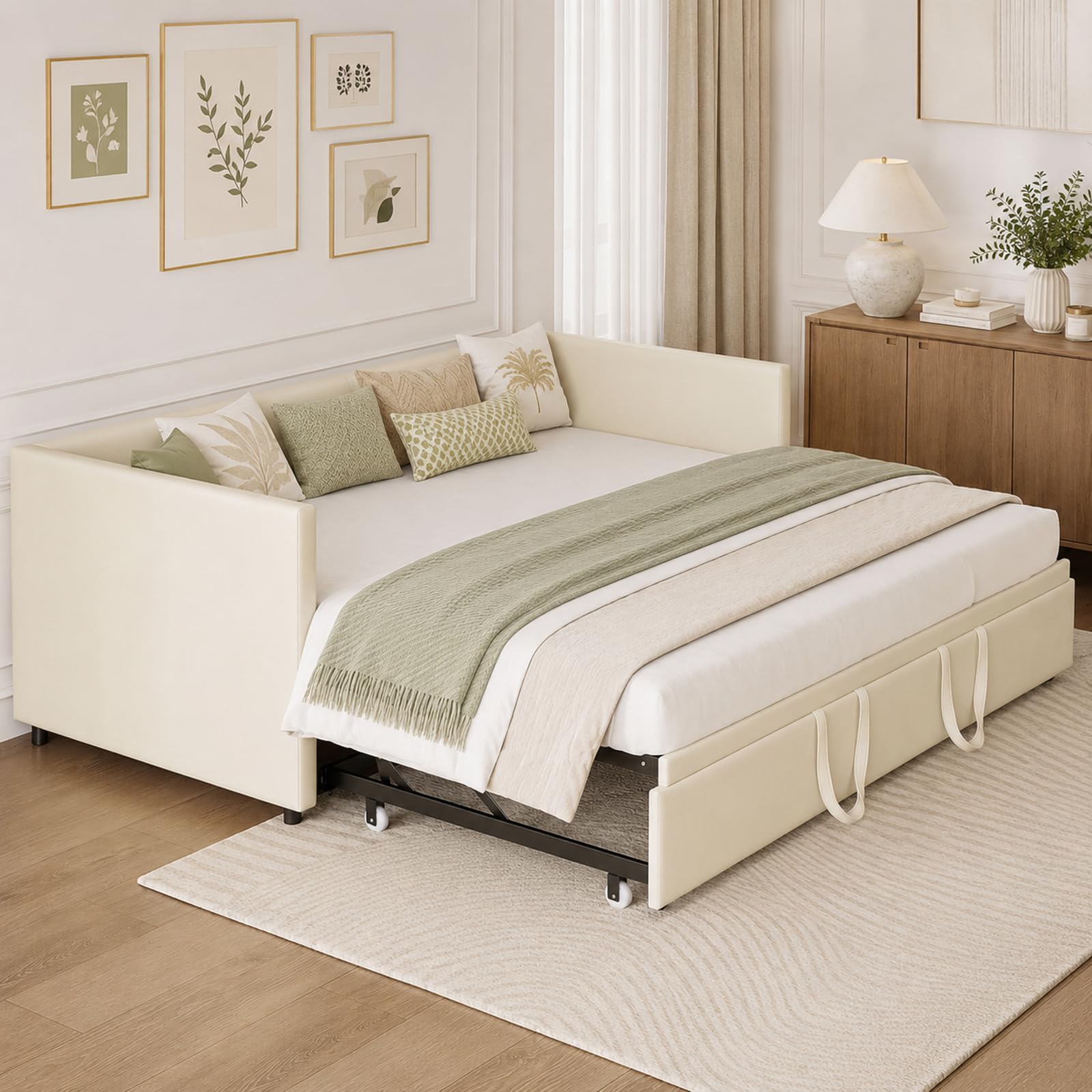 Sofá Cama Extensible 90/180 x 200 cm, sofá Cama de 2 plazas con función de Dormir y somier, Sofa Camas Nido, tapizado en Terciopelo, sin colchón (Beige)