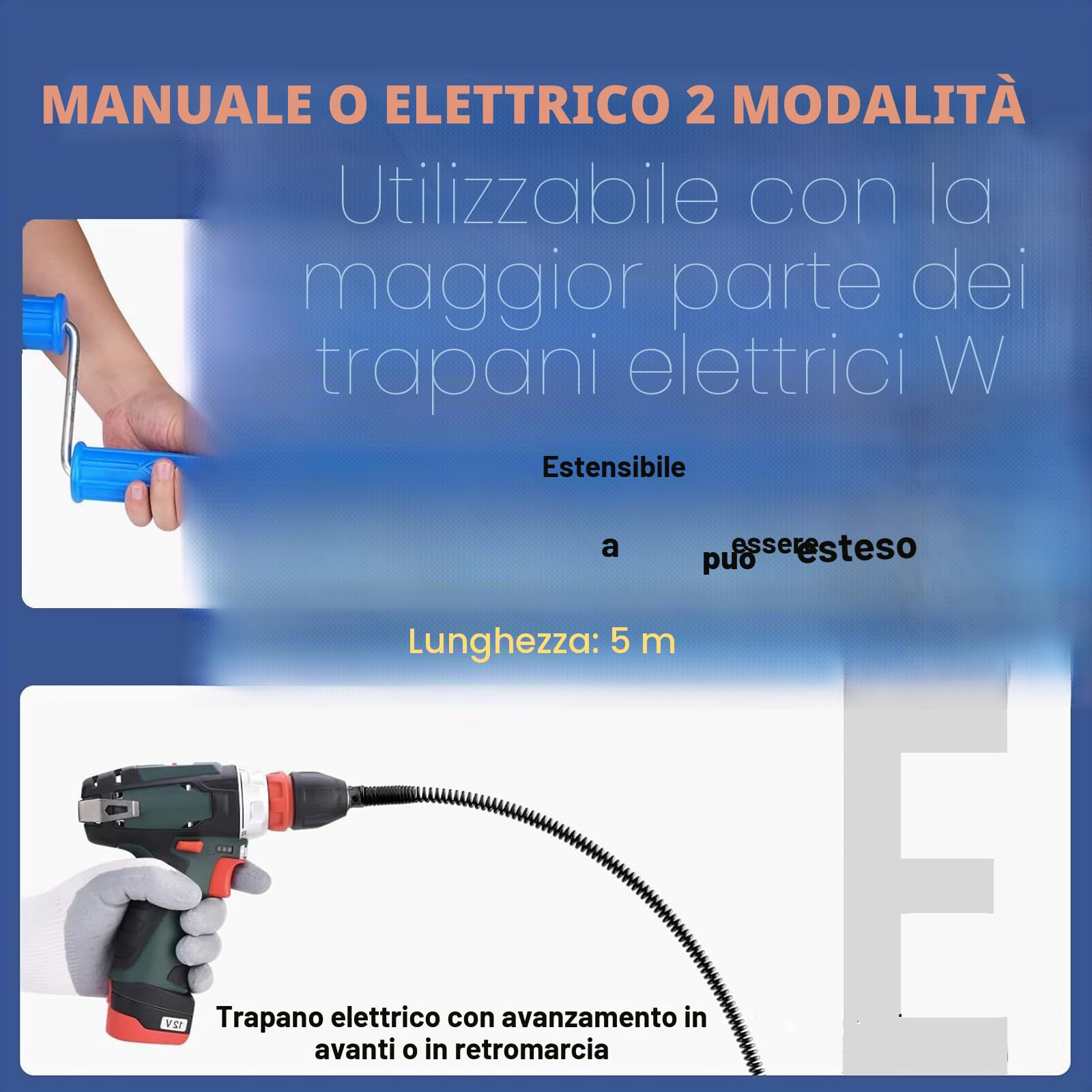 Sonda Sturatubi 2 * 5 metri di spirale, diametro 12 mm, con 6 pezzi di testa di taglio per la pulizia dei tubi e 1 adattatore manuale e 1 adattatore elettrico, Sonda Stura Lavandini e Scarichi