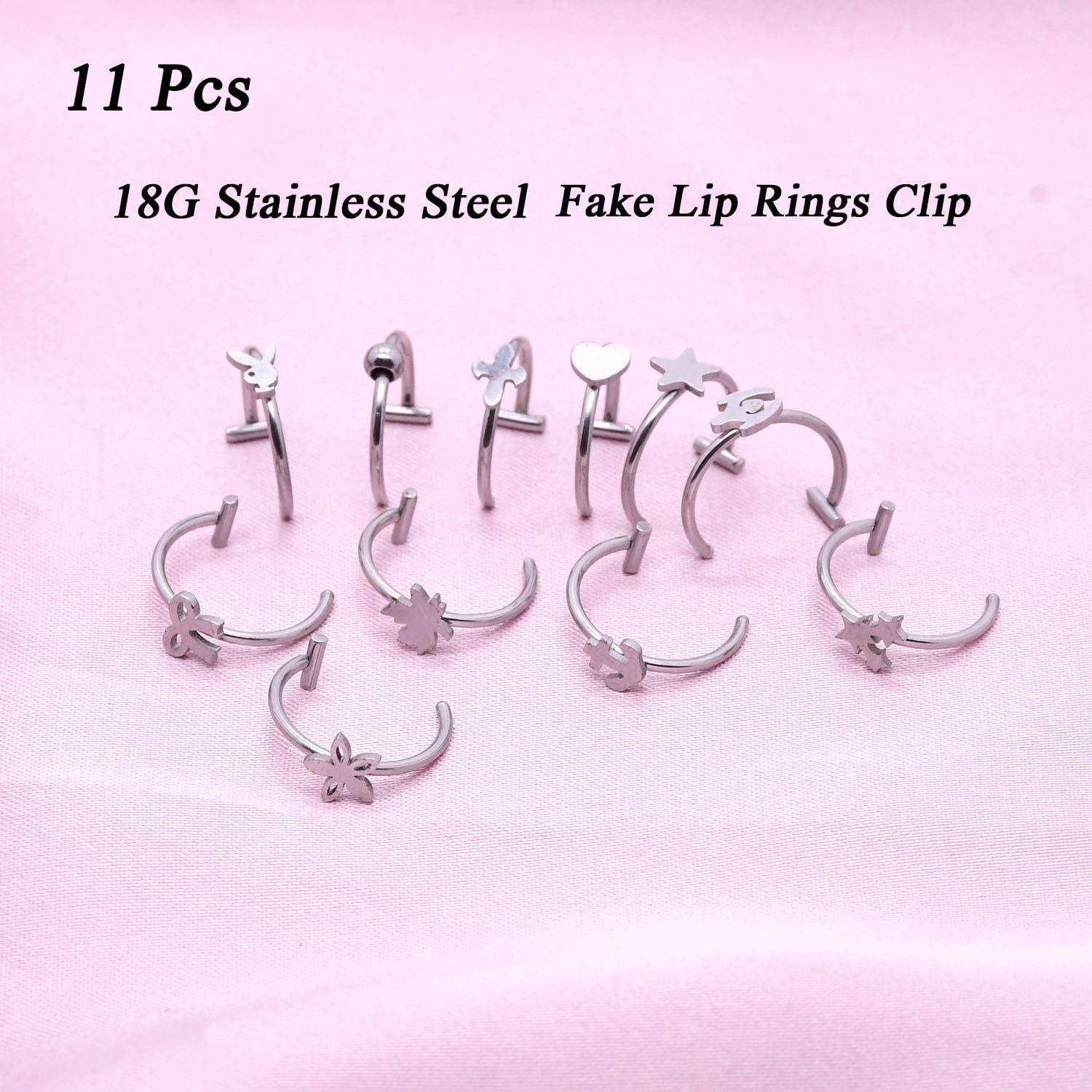 11 Pcs Fake Lip Piercing, 18G Stainless Steel Fake Lip Rings Clip Hoops Jewelry